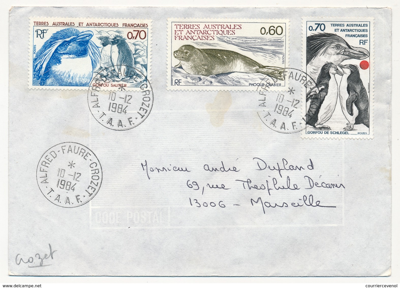 TAAF - Env. Aff 0,70 Gorfou + 0,60 Phoque + 0,70 Gorfou - Obl Alfred Faure Crozet 10/12/1984 - Storia Postale