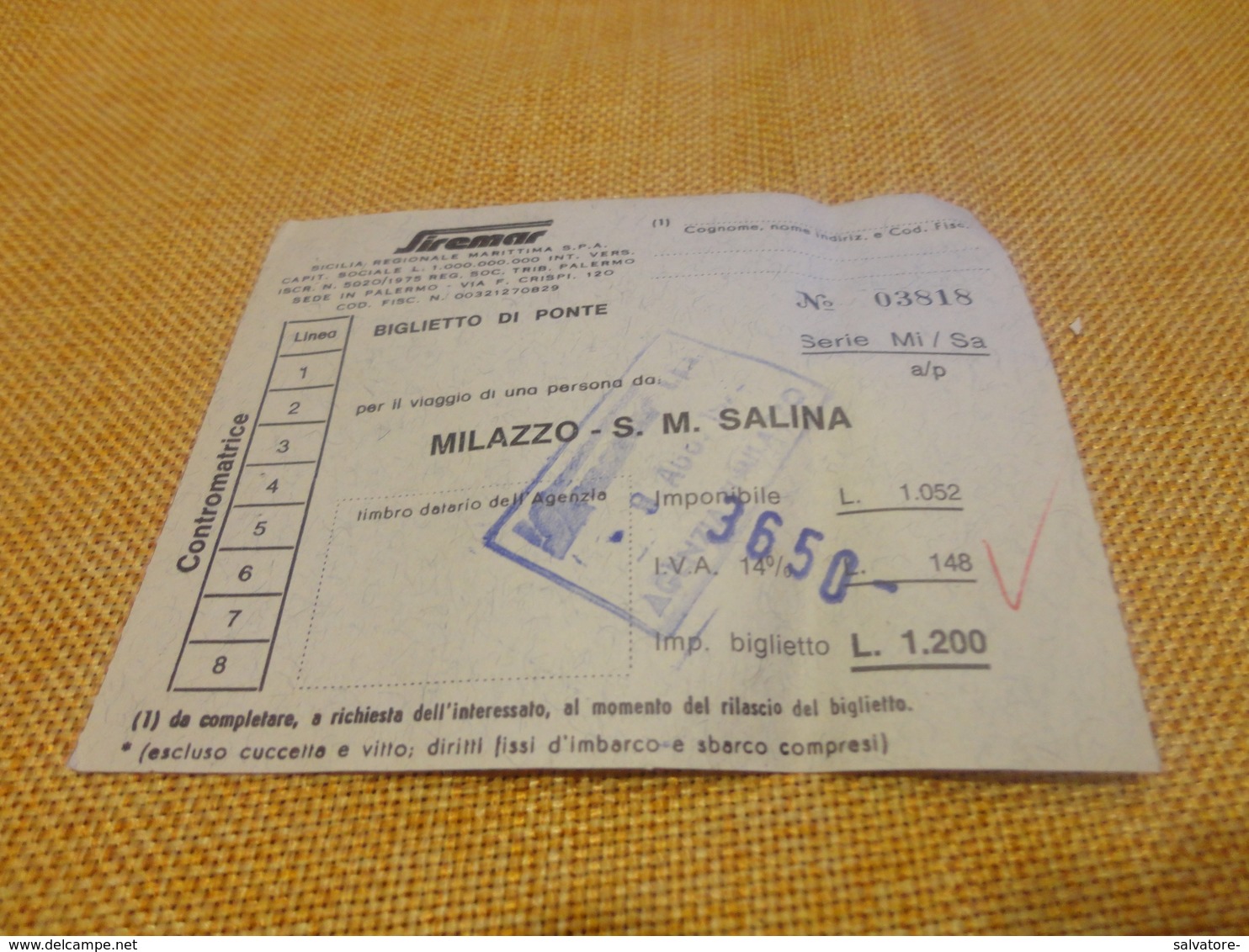 BIGLIETTO SIREMAR TRATTA MILAZZO-S.M. SALINA-1980 - Europa