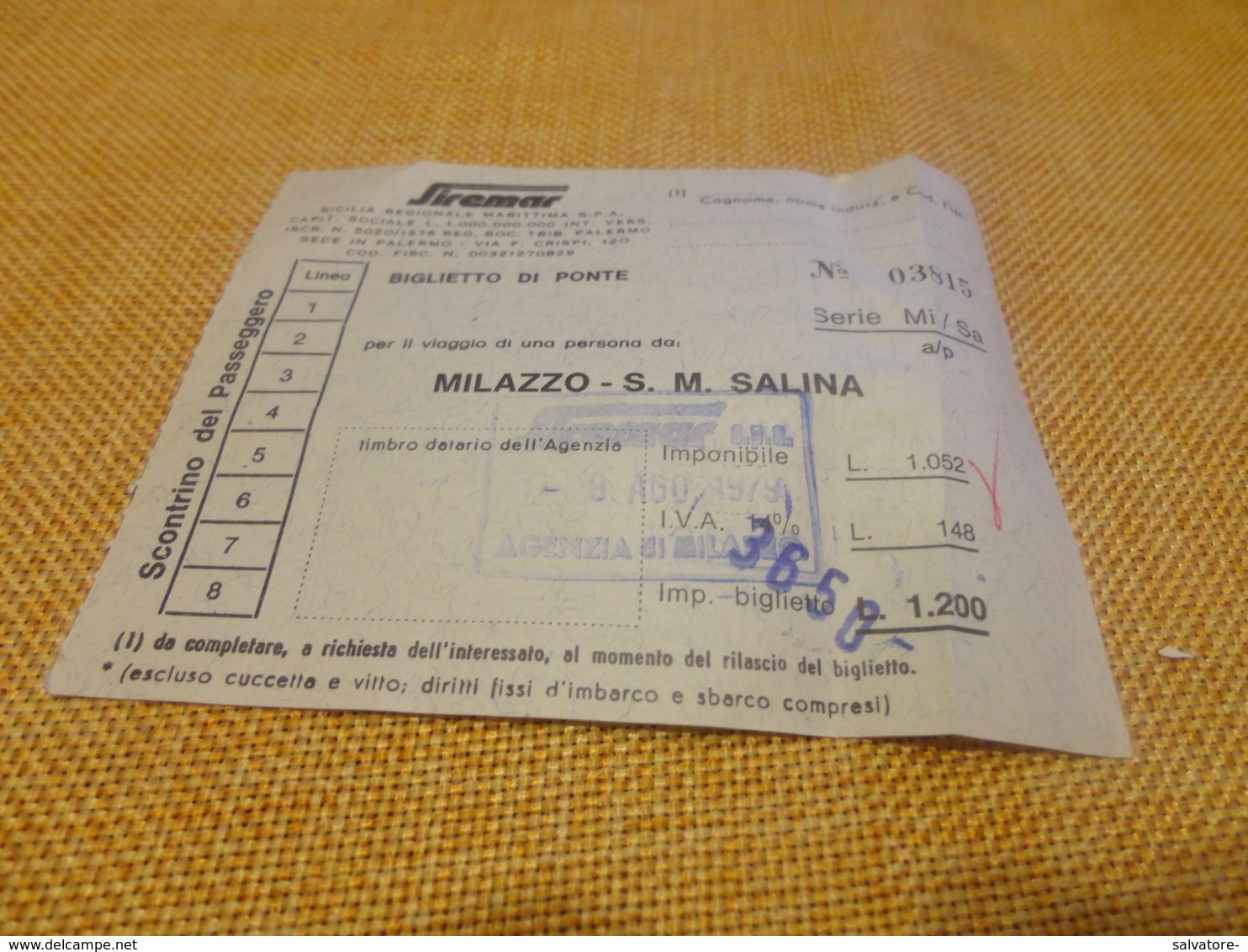 BIGLIETTO SIREMAR TRATTA MILAZZO-S.M. SALINA-1979 - Europa