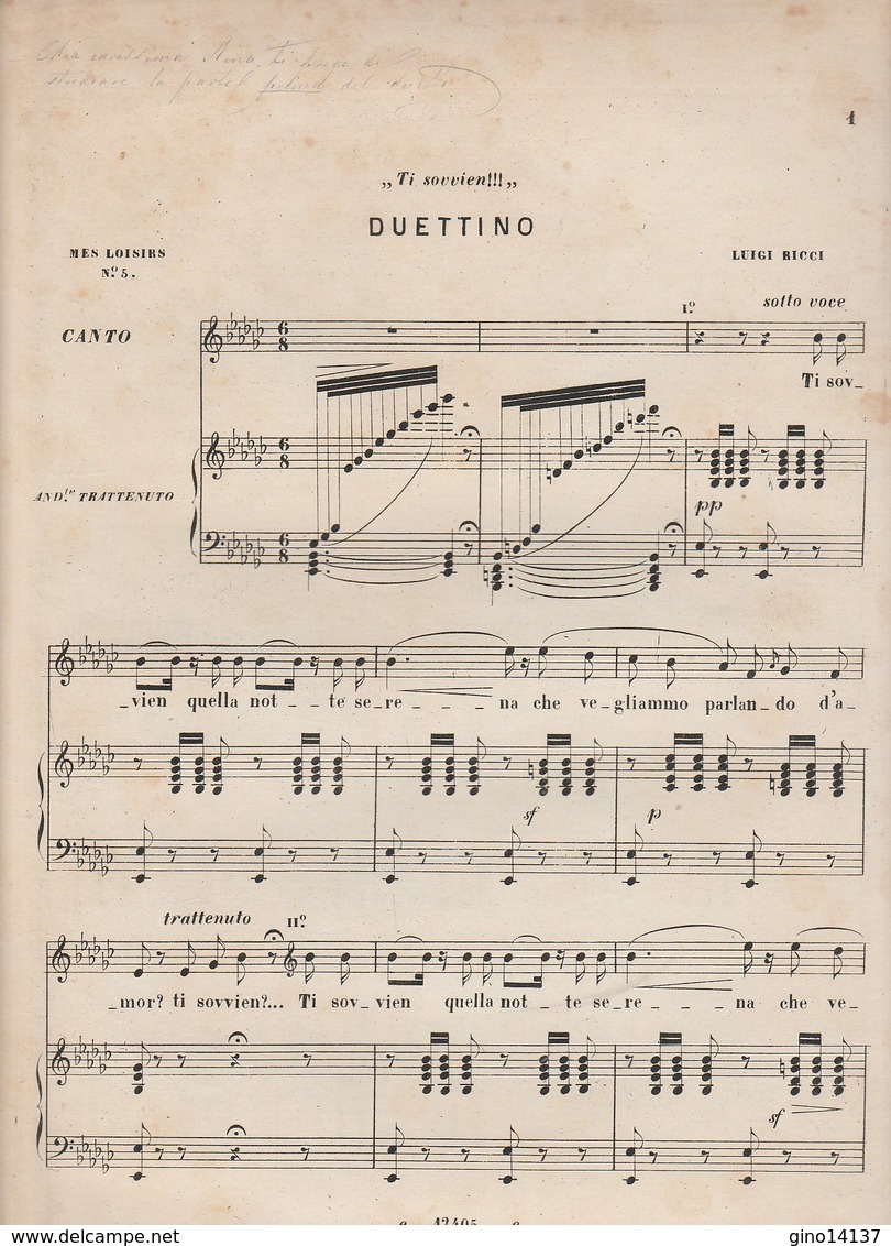 Spartito TI SOVVIEN - DUETTINO Per Soprano E Tenore Di Luigi Ricci - RICORDI - Opera