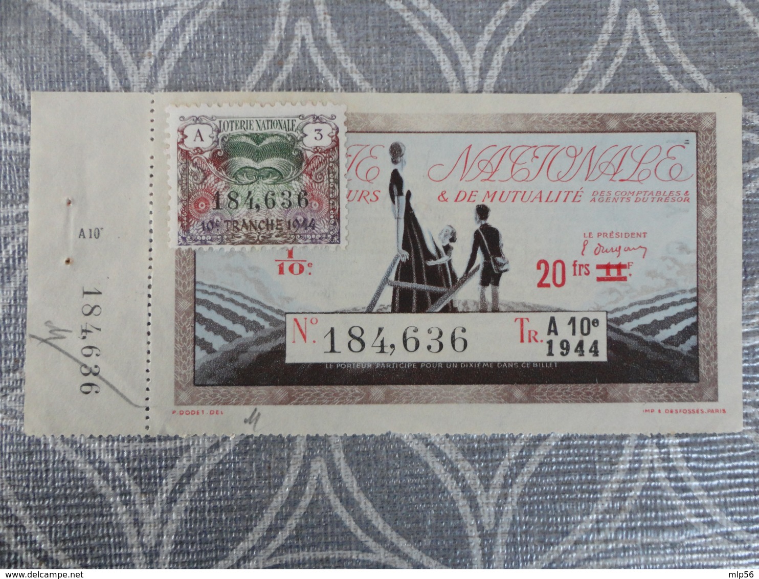 BILLET TICKET DE LOTERIE NATIONALE 1944 AVEC TALON  12.3 X 6 CM - Billets De Loterie
