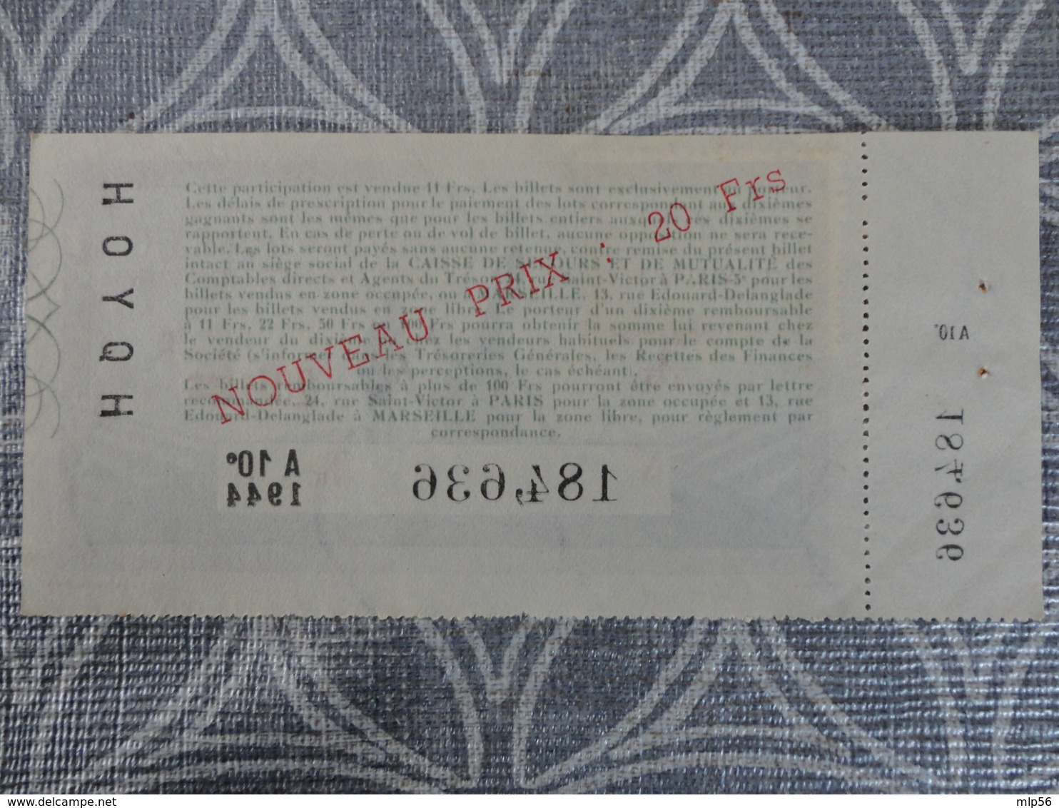 BILLET TICKET DE LOTERIE NATIONALE 1944 AVEC TALON  12.3 X 6 CM - Billets De Loterie