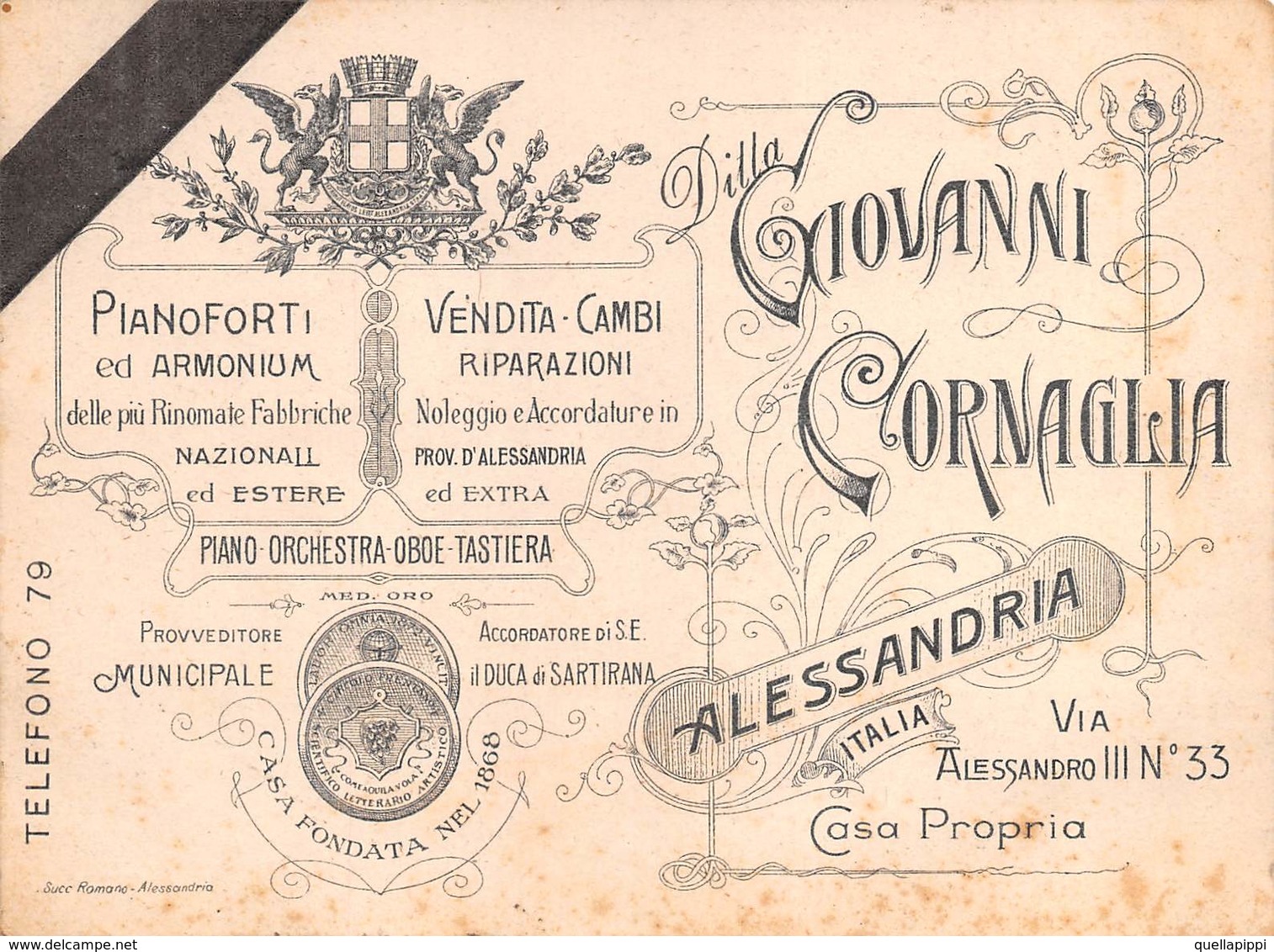 09981 "ALESSANDRIA - DITTA GIOVANNI CORNAGLIA - PIANOFORTI ED ARMONIUM" XX SECOLO, CARTOLINA COMM.LE - Negozi