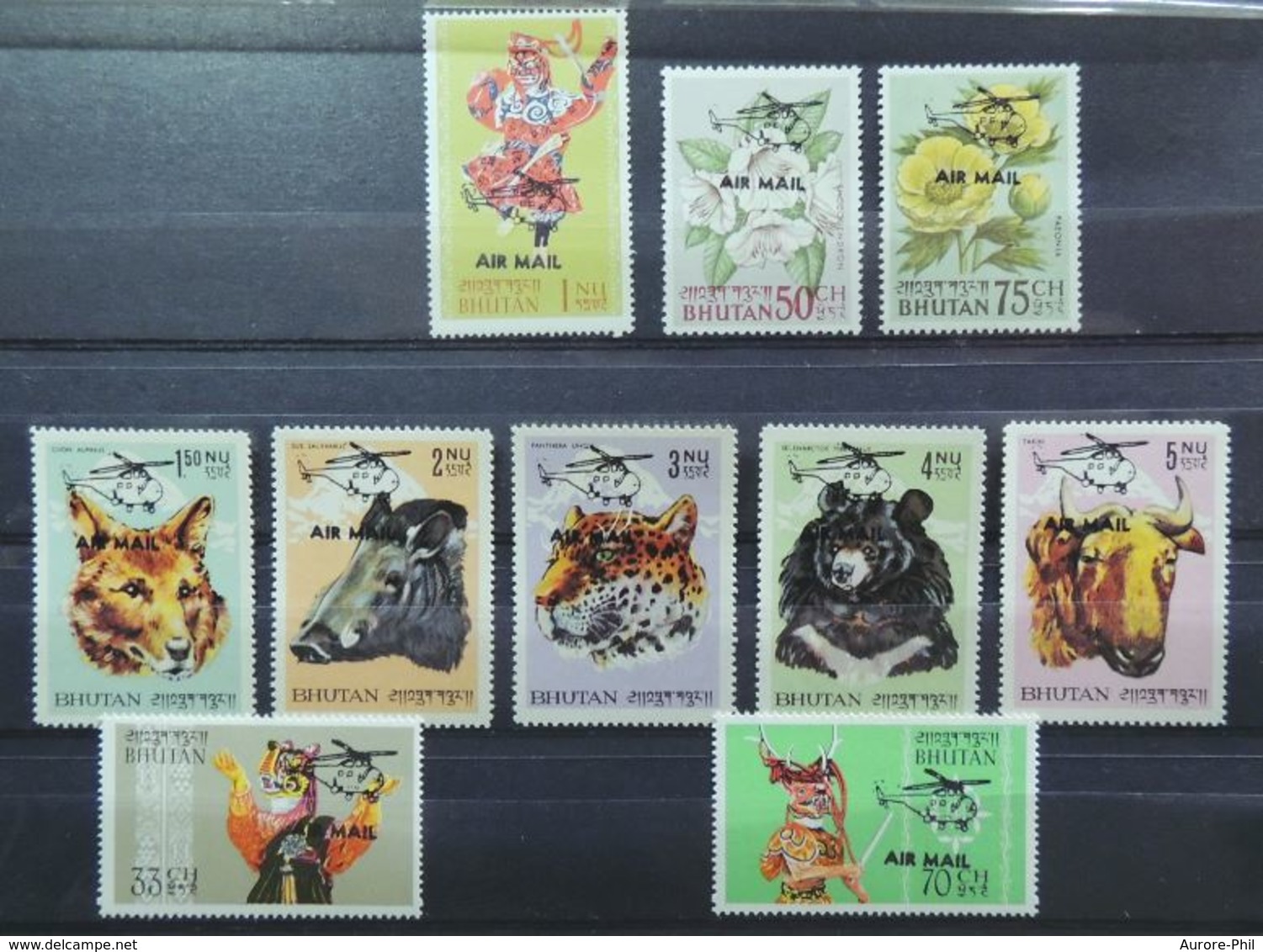 Timbres Asie Bouthan 1967 Faune, Animaux, Poste Aérienne, Hélicoptère (Bhutan Stamps 107-116 1967 Overprinted Air Mail) - Bhutan