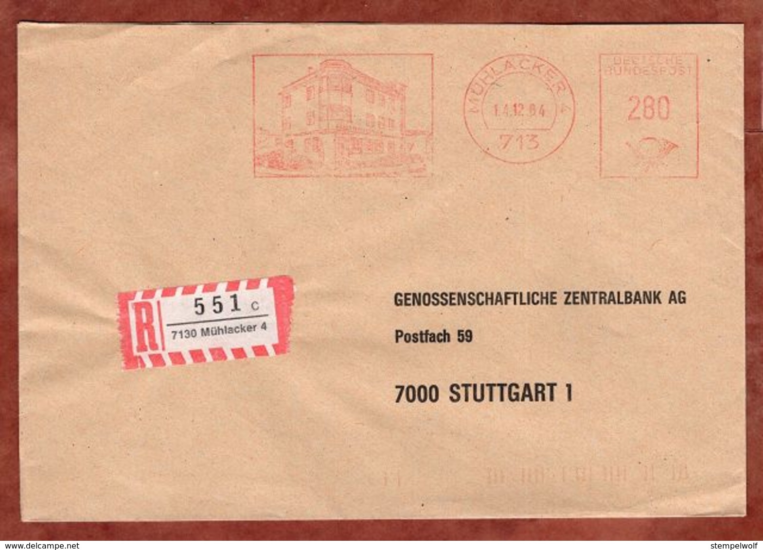 Einschreiben Reco, Absenderfreistempel, Genossenschaftsbank, 280 Pfg, Muehlacker 1984 (92267) - Franking Machines (EMA)