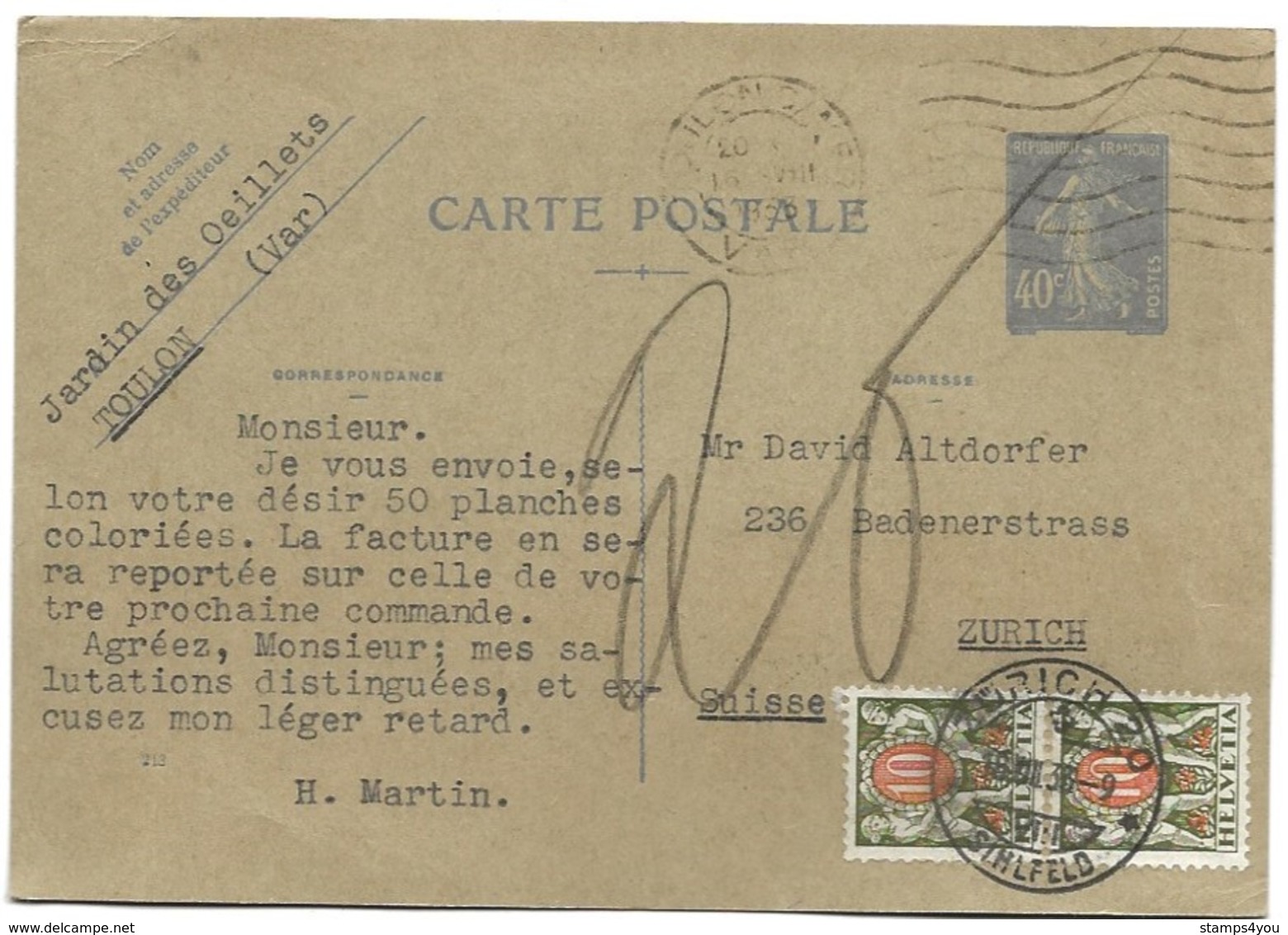 104 - 52 - Entier Postal Français Envoyé De Toulon En Suisse - 2 Timbres Suisses Taxe  1933 - Segnatasse