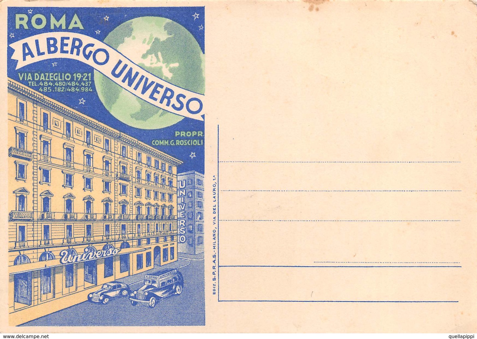 09987 "ROMA - ALBERGO UNIVERSO - PROPR. COMM. G. ROSCIOLI" CART. NON SPED - Bars, Hotels & Restaurants