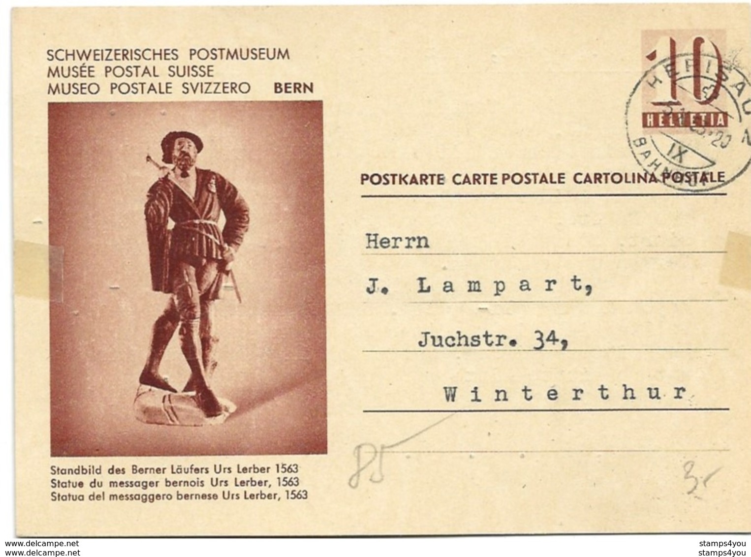 36 - 89 - Entier Postal Avec Illustration "Musée Postal - Statue Messager Bernois" Cachet à Date Herisau 1953 - Entiers Postaux