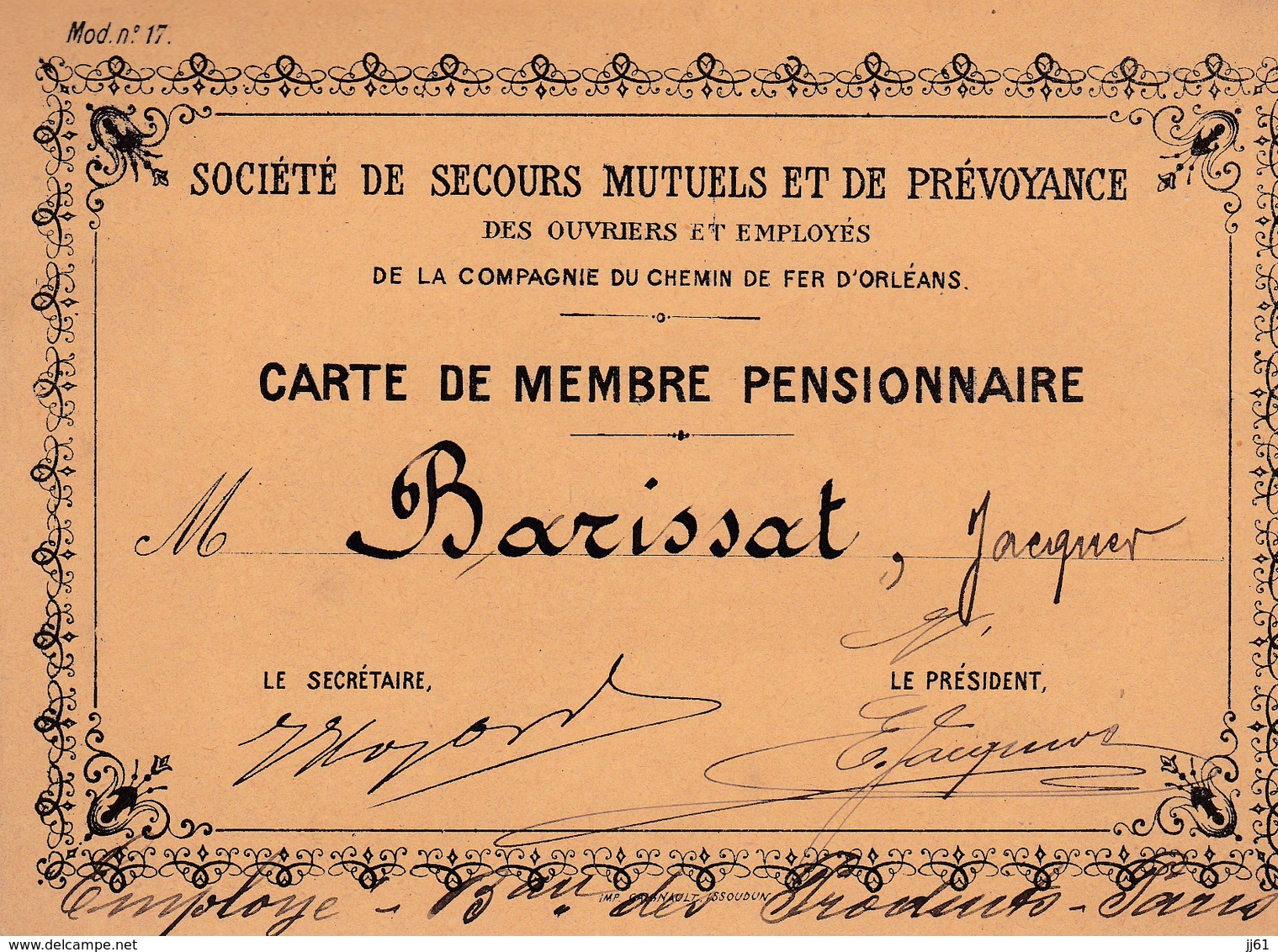 ORLEANS SOCIETE DE SECOURS MUTUELS DES OUVRIERS EMPLOYE DU CHEMIN DE FER D ORLEANS CARTE DE MEMBRE M BARISSAT ANNEE 1865 - Autres & Non Classés