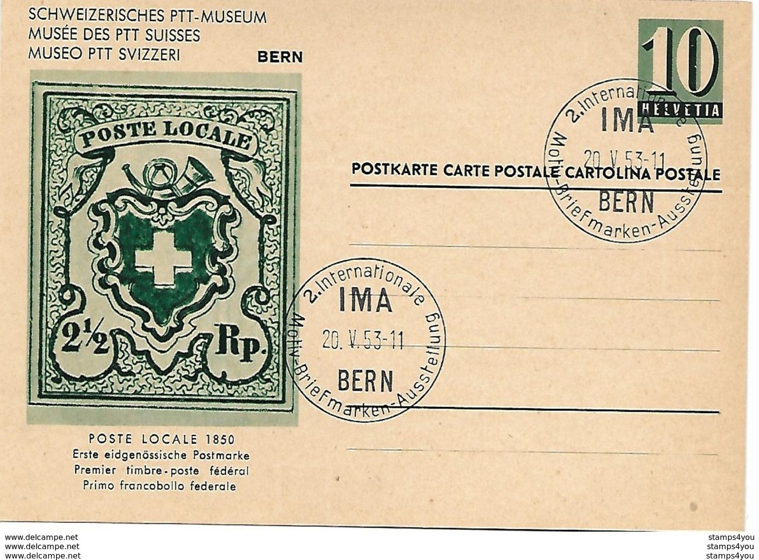 161 - 66 - Entier Postal Avec Illustration "Musée PTT Poste Locale" Oblit Spéciale IMA Bern 1953 - Entiers Postaux