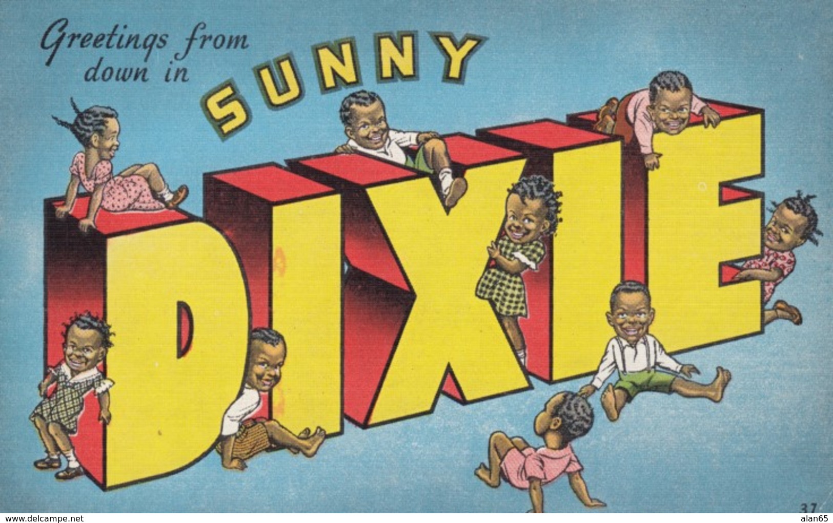 Large Letter 'Greetings From Sunny Dixie' Black Americana Theme, C1930s Vintage Linen Postcard - Black Americana