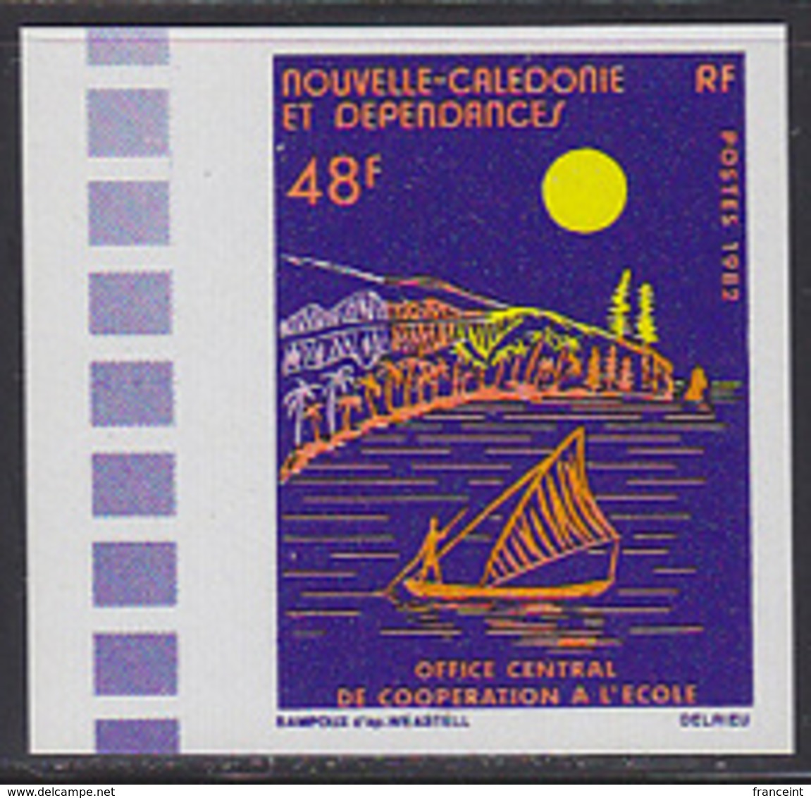 NEW CALEDONIA (1982) Native Sailboat. Full Moon. Imperforate. Scott No 481, Yvert No 464. Central Education - Sin Dentar, Pruebas De Impresión Y Variedades