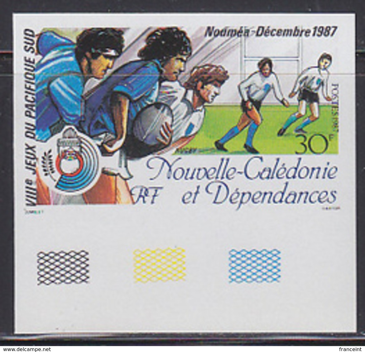 NEW CALEDONIA (1987) Rugby. Imperforate. Scott No 569, Yvert No 547. 8th South Pacific Games. - Ongetande, Proeven & Plaatfouten