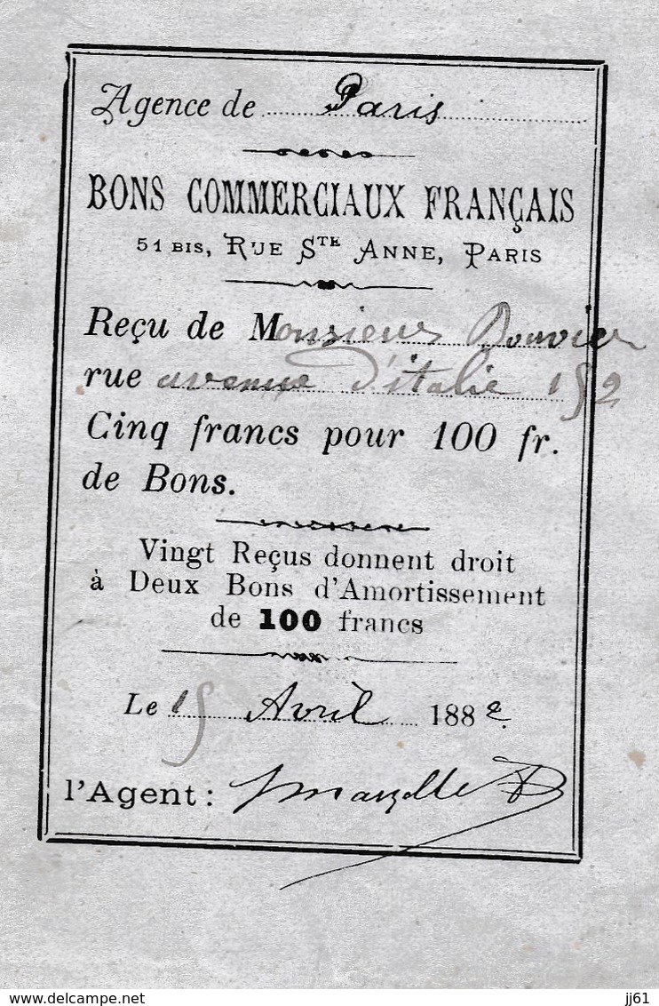 PARIS LOT DE 17 COUPONS COMMERCIAUX FRANCAIS ANNEE 1882 1883 ET UN RECU DE MR DOUVIER LE 18 AVRIL 1882 - Autres & Non Classés