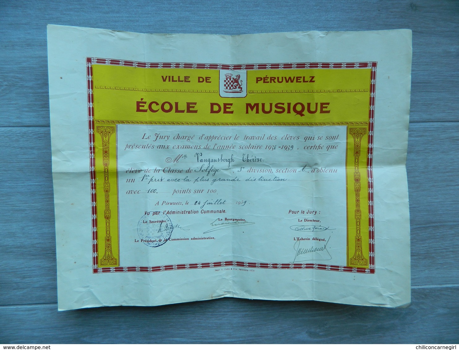 Diplôme De Solfège - Ville De PERUWELZ - Ecole De Musique Juillet 1939 - Impr. G. COLLIN - Jury - 1er Prix - 38 X 29,5 - Diplômes & Bulletins Scolaires