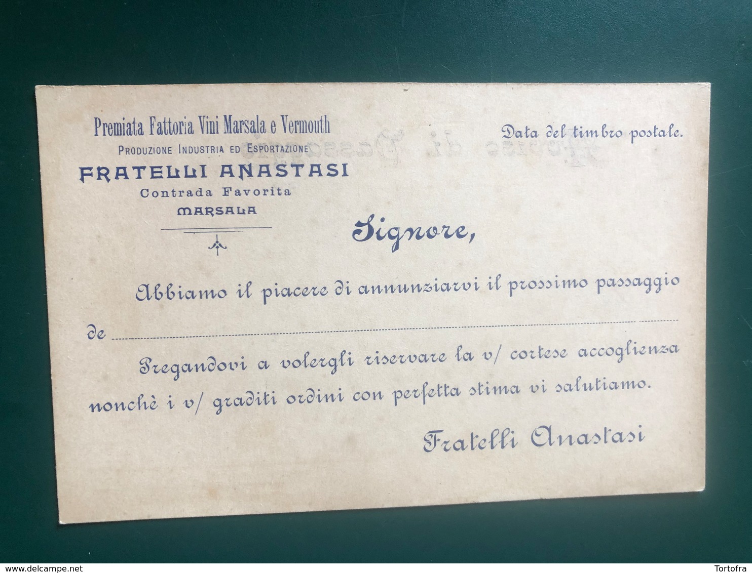 MARSALA (TRAPANI) PREMIATA FATTORIA VINI MARSALA E VERMOUTH FRATELLI ANASTASI  AVVISO DI PASSAGGIO UVA VINI - Marsala