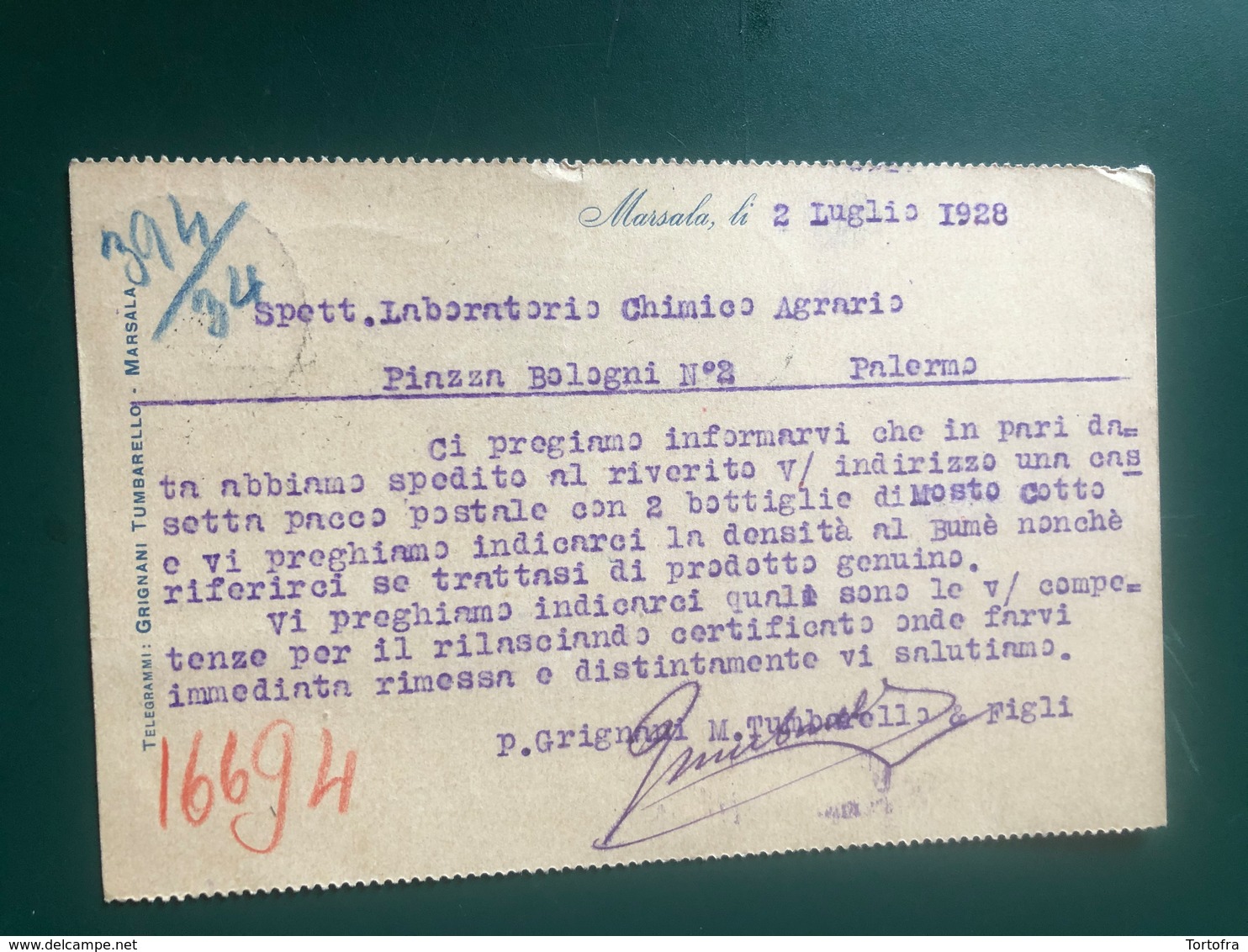 MARSALA (TRAPANI) FATTORIA VINI MARSALA GRIGNANI, M.TUMBARELLO & FIGLI 1928  UVA VINI - Marsala