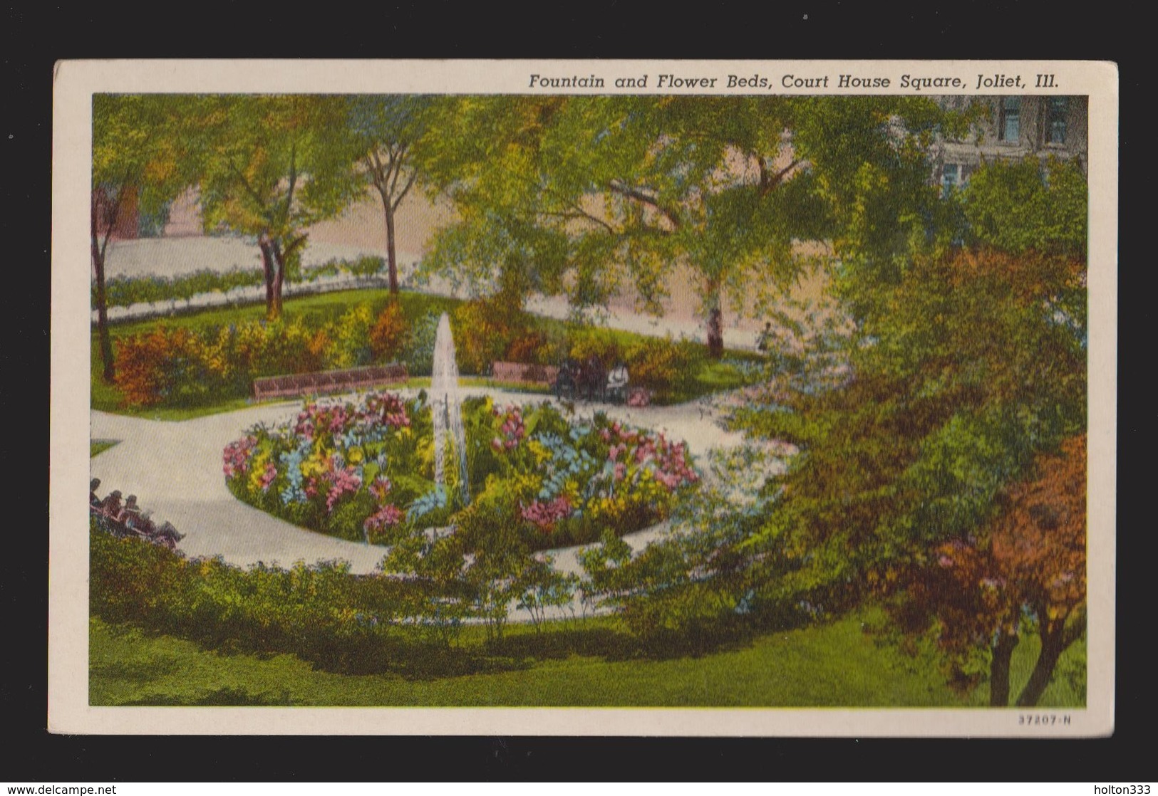 Fountain & Flower Beds Court House Square Joliet, IL - 1940s - Unused - Joliet