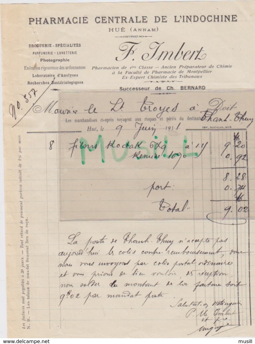 Lieutenant Troyes, Thanh-Thuy. Pharmacie Centrale De L'Indochine, F. Imbert, Hué, Annam. 9 Juin 1931 - Autres & Non Classés