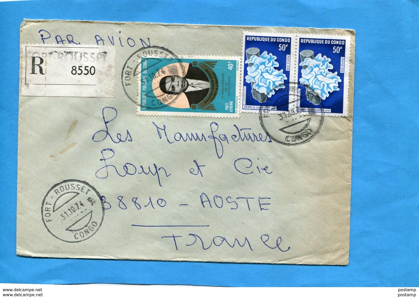 MARCOPHILIE-CONGO-Lettre REC >Françe Cad Fort Rousset 1974-3 -stamps N° A 165 N'goua+259 Champignons - Autres & Non Classés