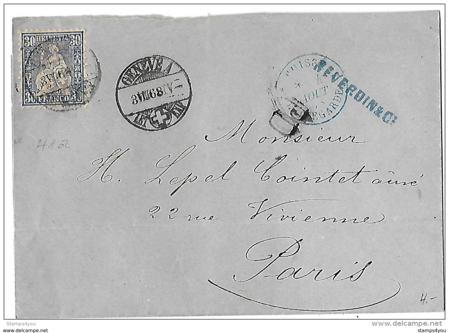 116 - 69 - Enveloppe Envoyée De Genève à Paris 1868 - Storia Postale