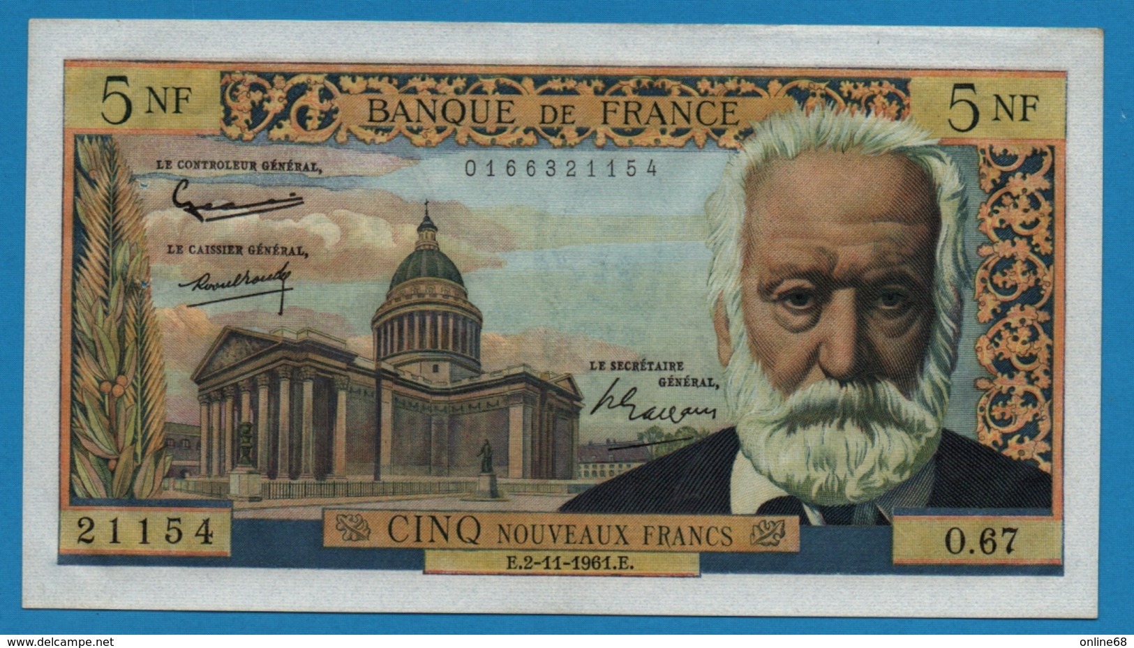 FRANCE 5 Nouveaux Francs 2.11.1961 "V.Hugo"		# O.67  21154 - 5 NF 1959-1965 ''Victor Hugo''