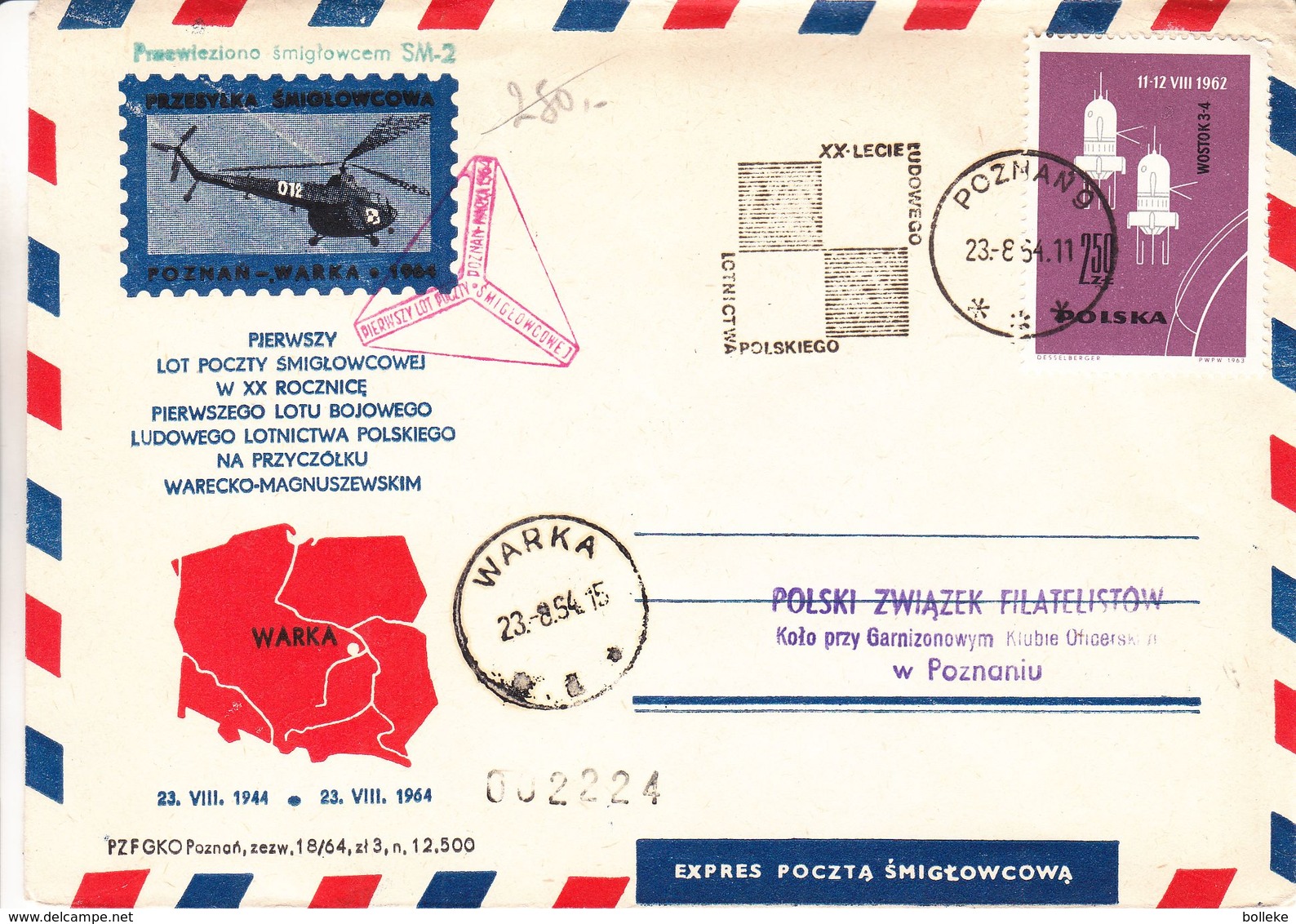 Pologne - Lettre De 1964 - Oblit Poznan - Vol Par Hélicoptère - Cachet De Warka - Storia Postale
