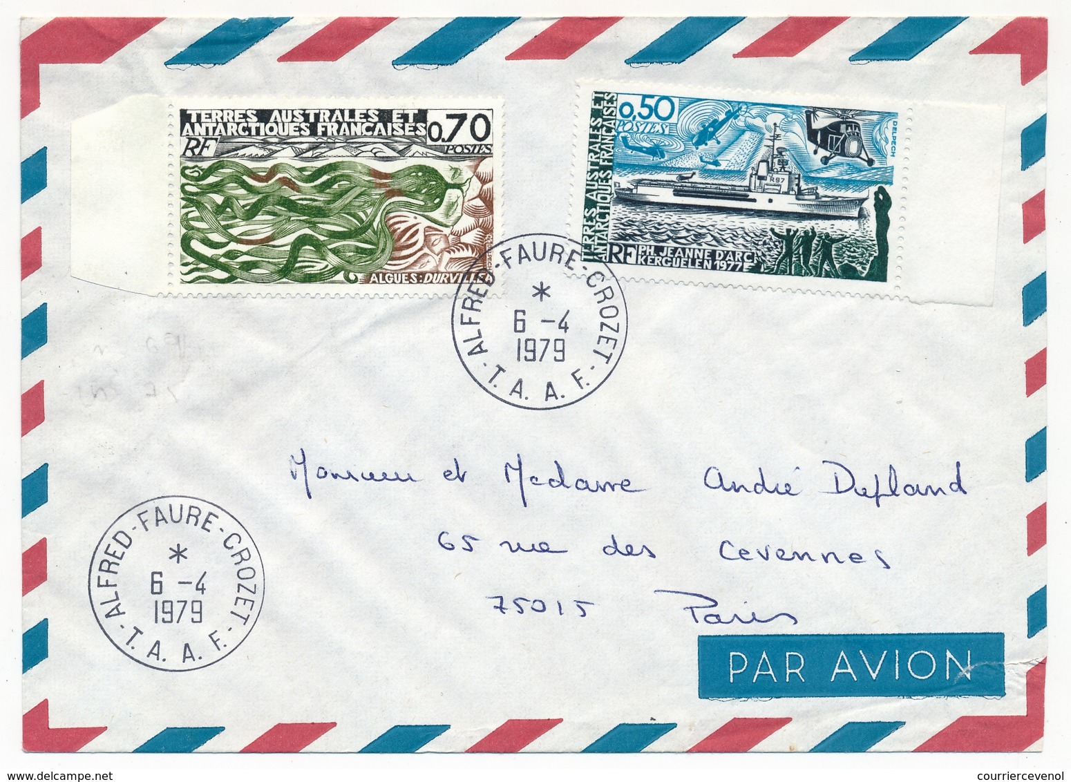 TAAF - Env. Aff  0,70 Algues + 0,50 PH Jeanne D'Arc - Obl Alfred Faure Crozet 6/4/1979 - Storia Postale