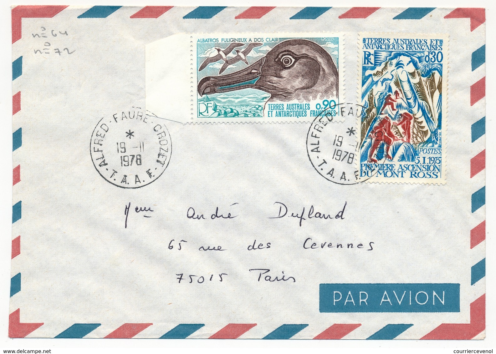 TAAF - Env. Aff 0,90 Albatros Fuligineux + 0,30 Ascension Mont Ross - Obl Alfred Faure Crozet 19/11/1978 - Storia Postale