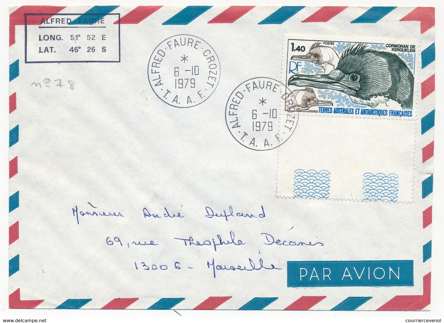 TAAF - Env. Aff 1,40 Cormoran De Kerquelen - Obl Alfred Faure Crozet 6/10/1979 - Covers & Documents