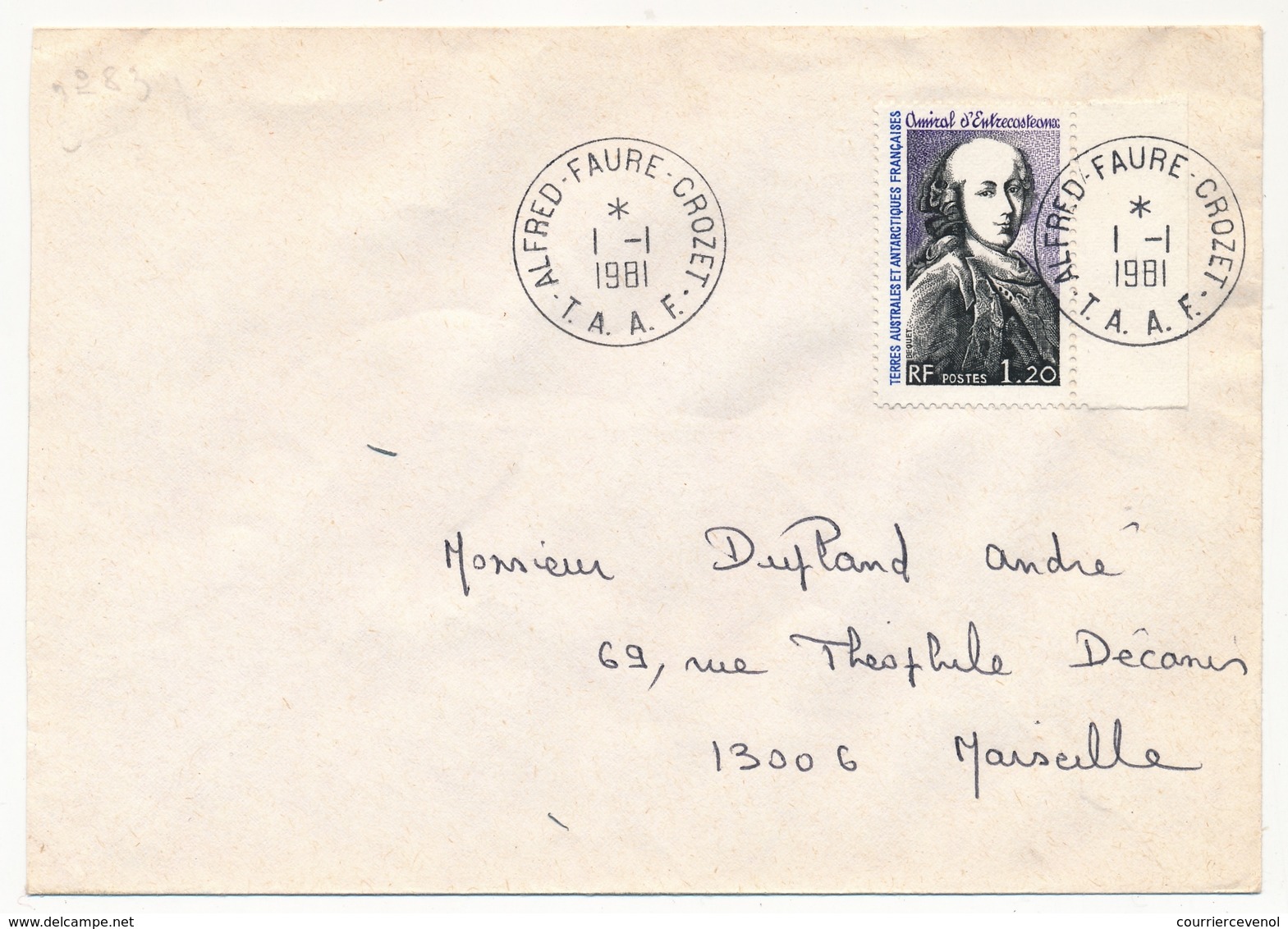 TAAF - Env. Aff 1,20 Amiral D'Entrecasteaux - Obl Alfred Faure Crozet 1/1/1981 - Storia Postale