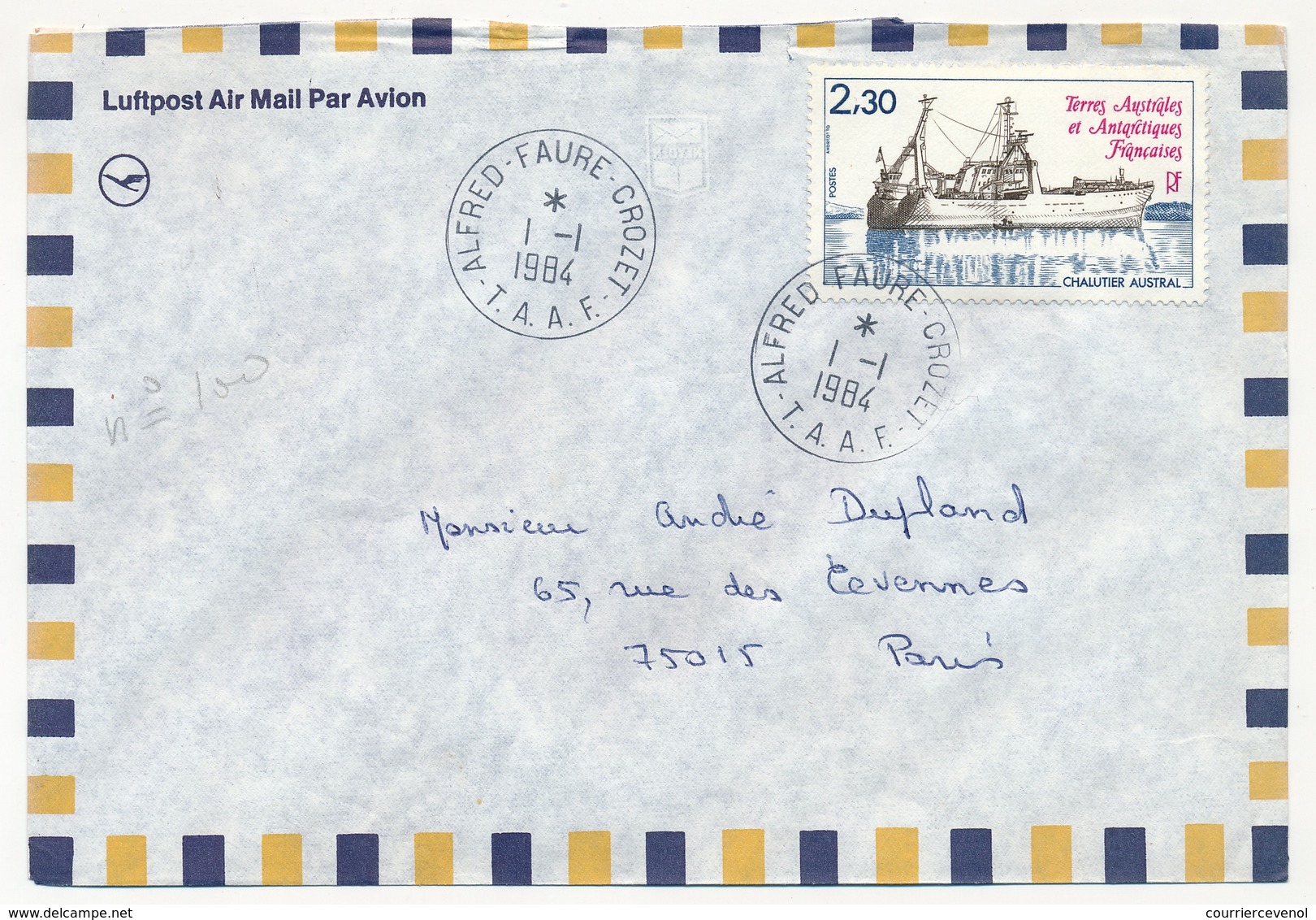 TAAF - Env. Aff 2,30 Chalutier Austral - Obl Alfred Faure Crozet 1/1/1984 - Covers & Documents