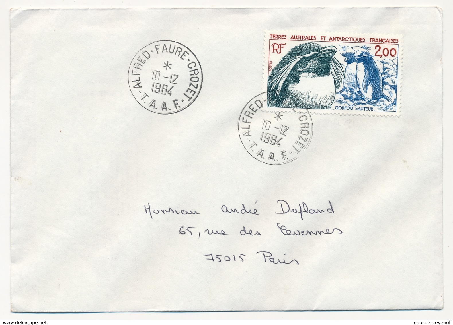 TAAF - Env. Aff 2,00 Gorfou Sauteur - Obl Alfred Faure Crozet 10/12/1984 - Storia Postale