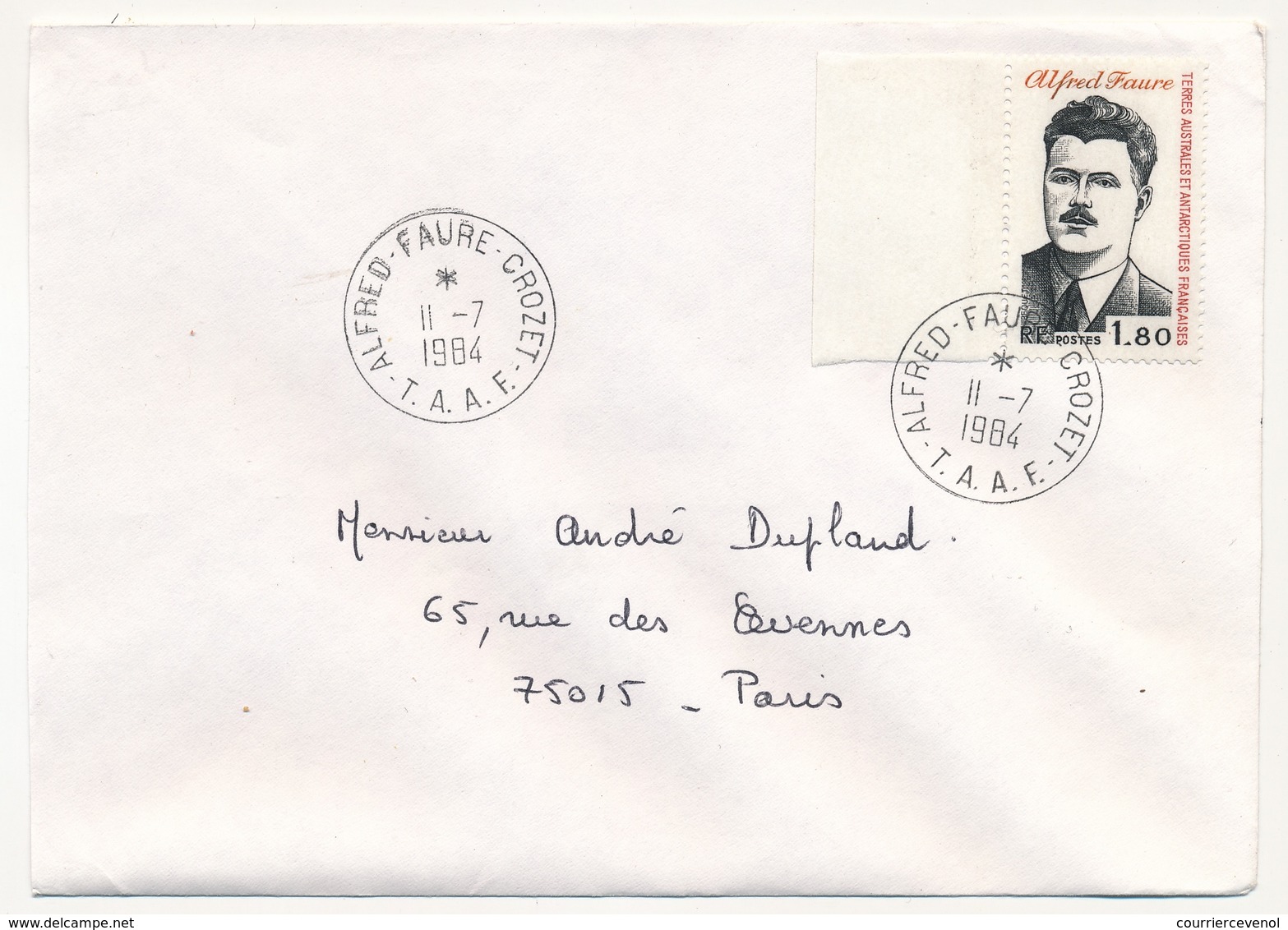 TAAF - Env. Aff 1,80 Alfred Faure - Obl Alfred Faure Crozet 11/07/1984 - Cartas & Documentos