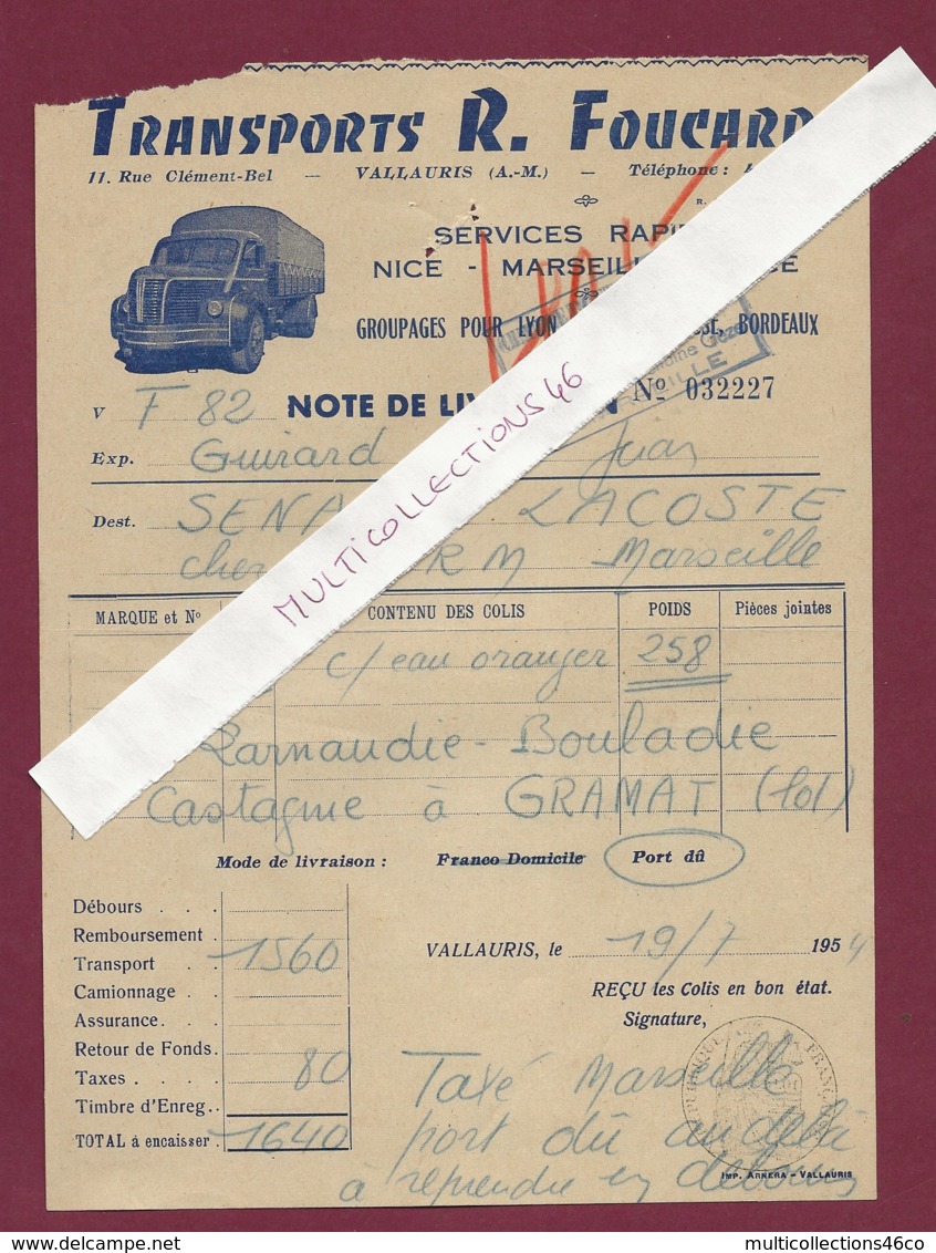 180320A - TRANSPORT CAMION - 1954 NOTE DE LIVRAISON Illustrée R FOUCARD Rue Clément Bel VALLAURIS - NICE MARSEILLE - Vrachtwagens