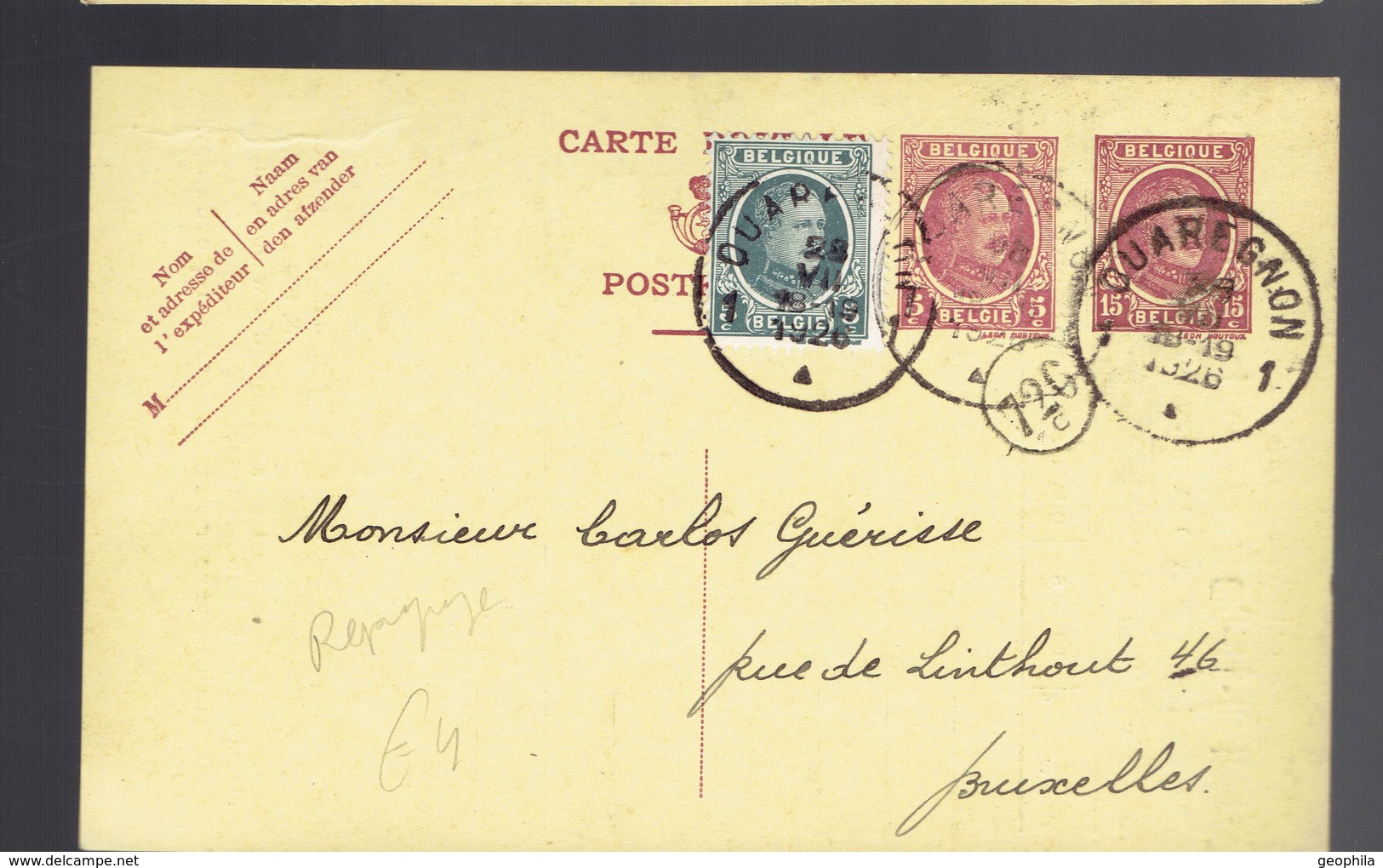 CP 70 Quaregnon 28 VII 1926 Repiquage Charbonnage Rieu-du-Cœur Et De La Boule Réunis => Bruxelles - Cartes Postales 1909-1934