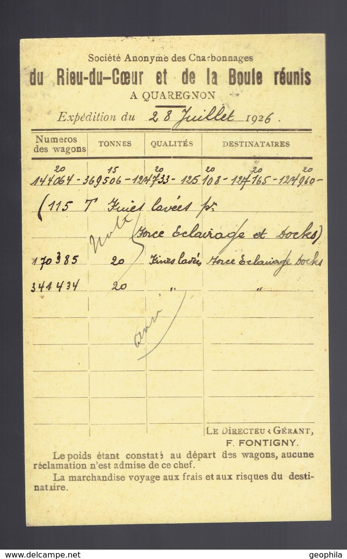 CP 70 Quaregnon 28 VII 1926 Repiquage Charbonnage Rieu-du-Cœur Et De La Boule Réunis => Bruxelles - Cartes Postales 1909-1934