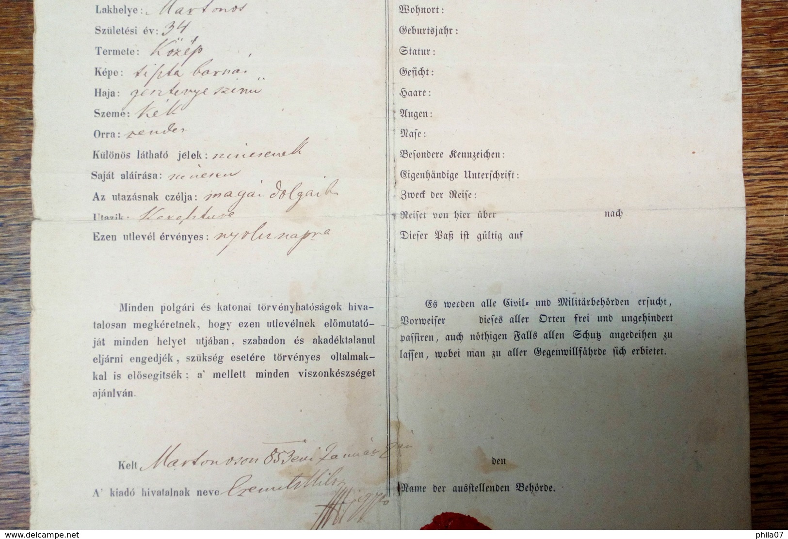 Vintage Passport From Austro-Hungary 1853 - German-Hungary Form With Description Of Person - Documents Historiques
