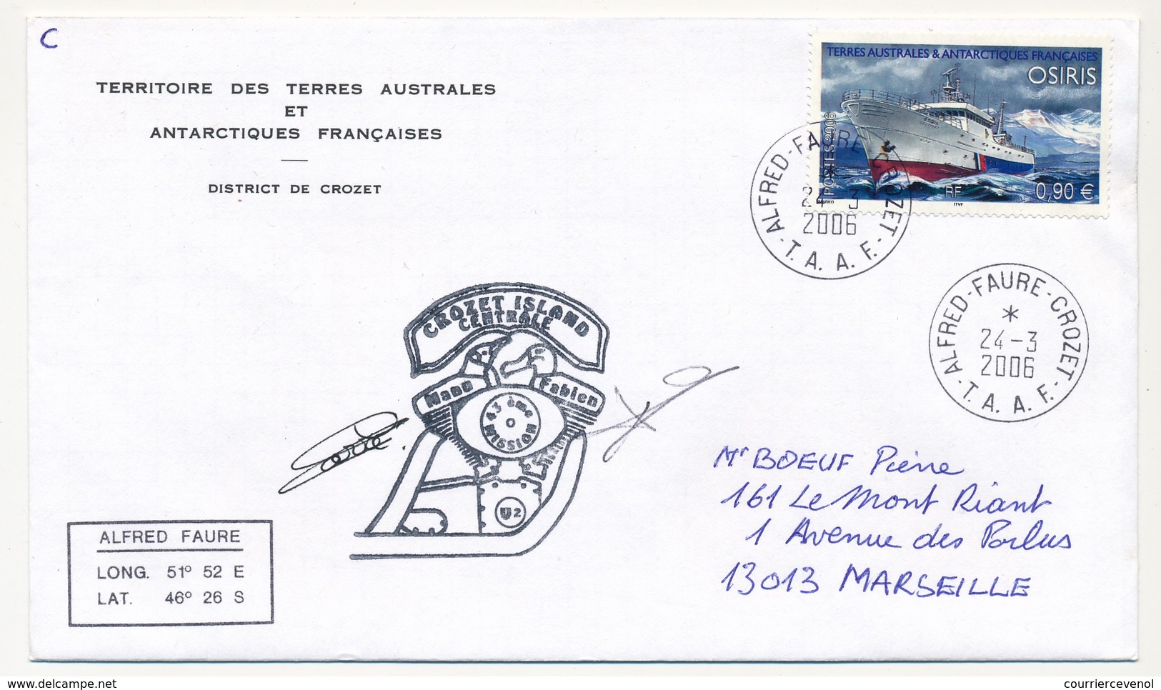 TAAF - Enveloppe Affr 0,90 OSIRIS - Obl Alfred Faure Crozet - 24/3/2006 - 43eme Mission Nano Fabien - Storia Postale