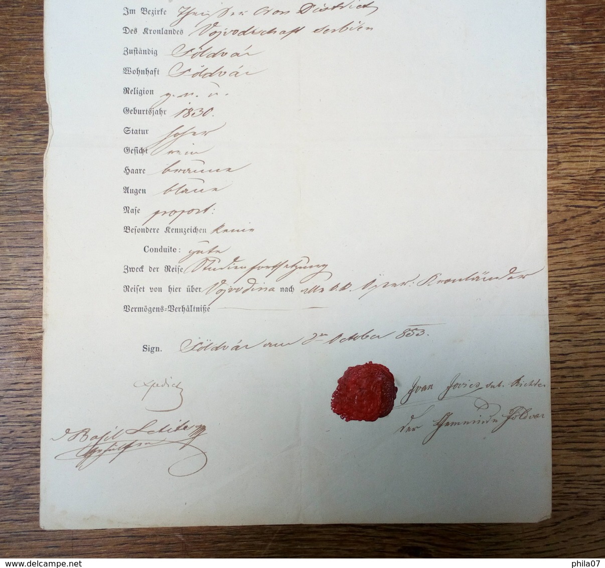 Vintage Passport From Austro-Hungary 1853 - German Form With Description Of Person - Documents Historiques