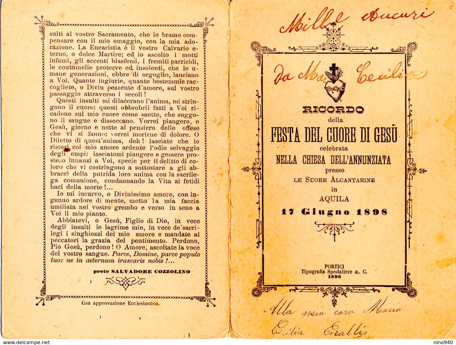 RICORDO DELLA FESTA DEL CUORE DI GESU' - CHIESA DELL'ANNUNZIATA - PRESSO SUORE ALCANTARINE - AQUILA 1898 - Non Classificati