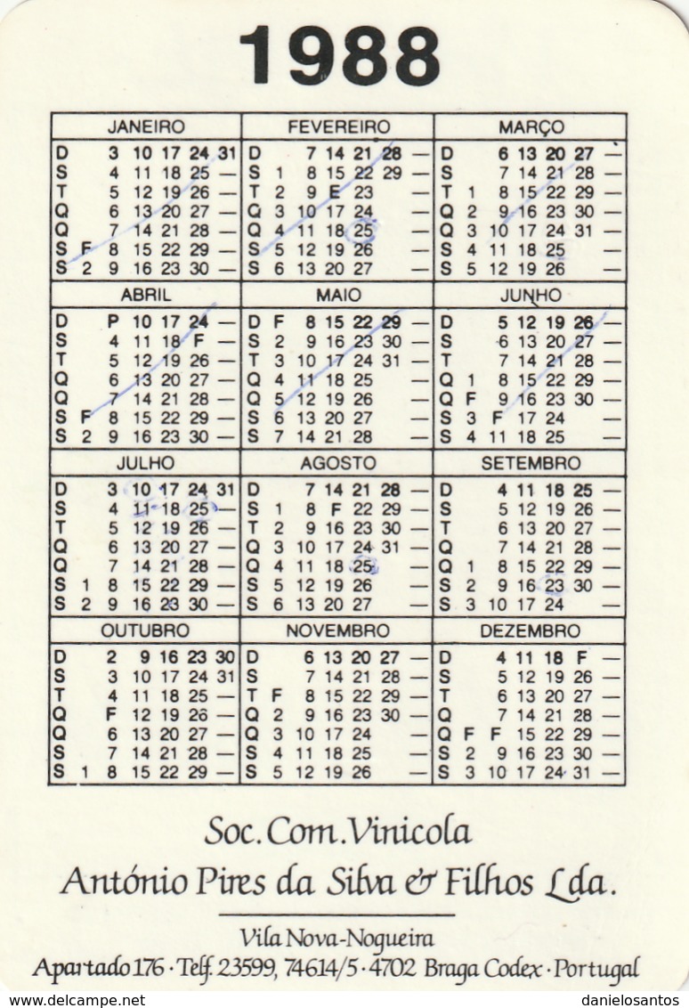 1988 Pocket Calendar Calandrier Calendario Portugal Bebidas Beverages Boissons Vinho Wine Vin Vino Verde Branco - Small : 1981-90