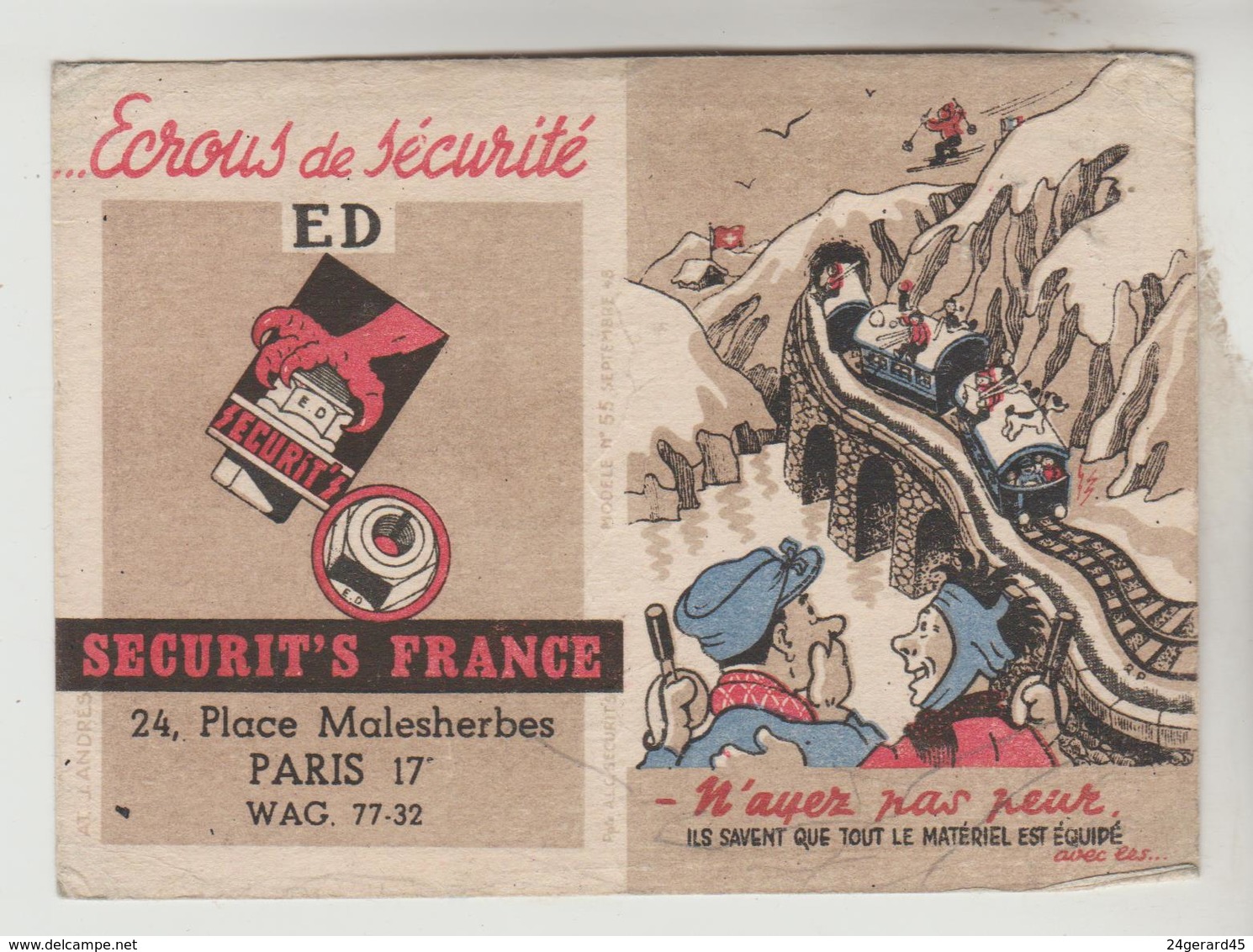 LOT 16022030 CALENDRIER PETIT FORMAT 1949 - Ecrous De Sécurité E.D 24 Place Malesherbes PARIS 17° - Petit Format : 1941-60