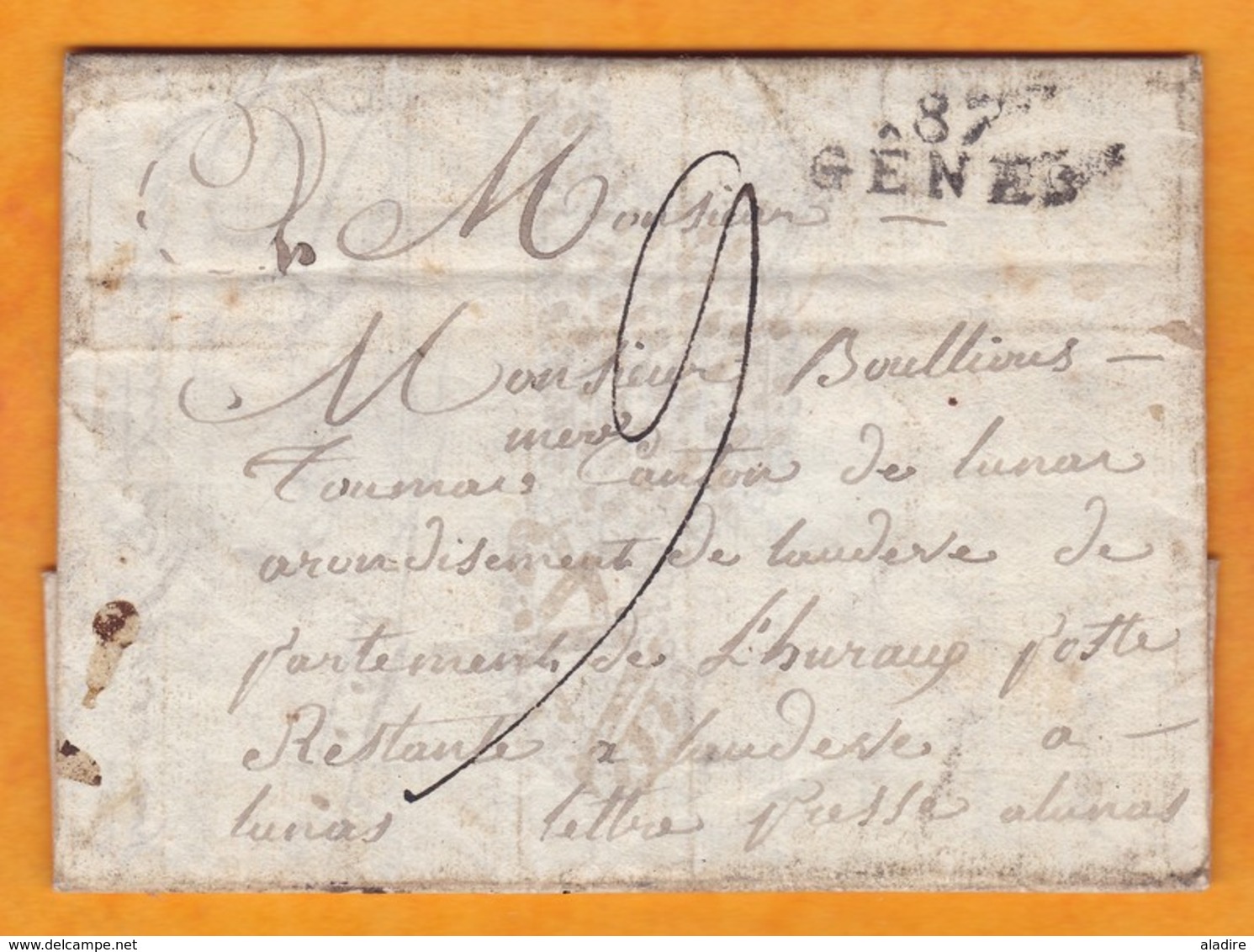 1813 - Marque Postale 87 GENES Sur Lettre Pliée Avec Corresp En Français De 3 P Et Illustration Vers Lunas, Hérault - 1792-1815: Départements Conquis