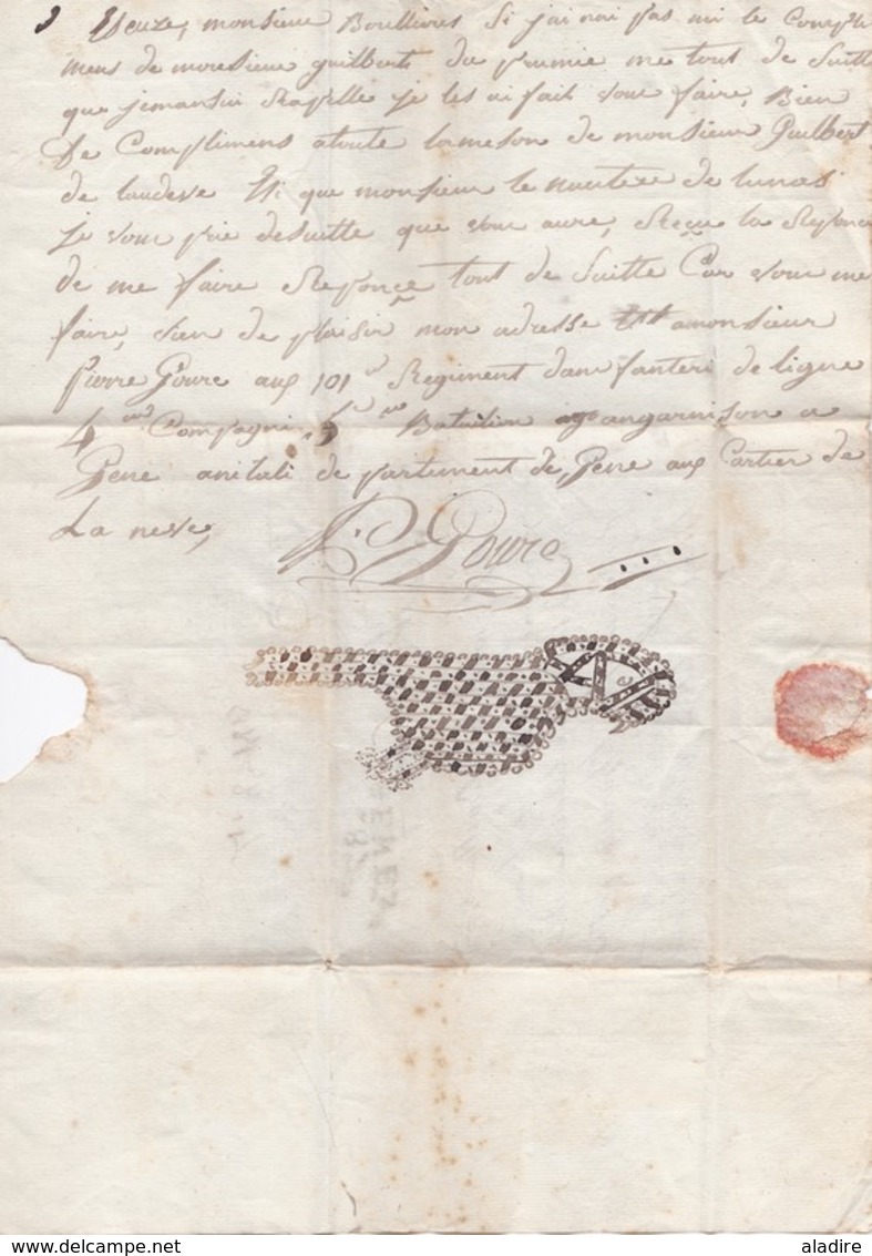 1813 - Marque postale 87 GENES sur lettre pliée avec corresp en français de 3 p et illustration vers Lunas, Hérault