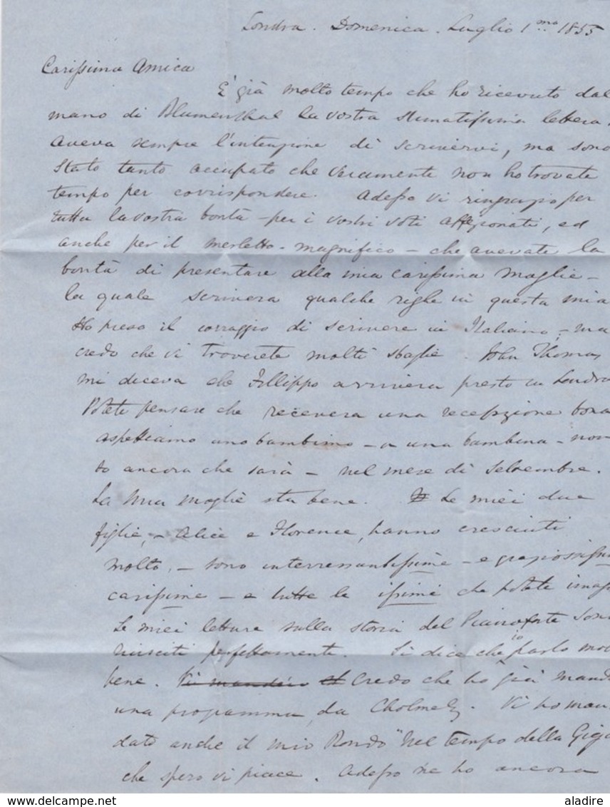 1853 - QV - lettre pliée avec corresp amicale de 3 pages en italien de Londres vers Rome, Italie - via Calais,  France