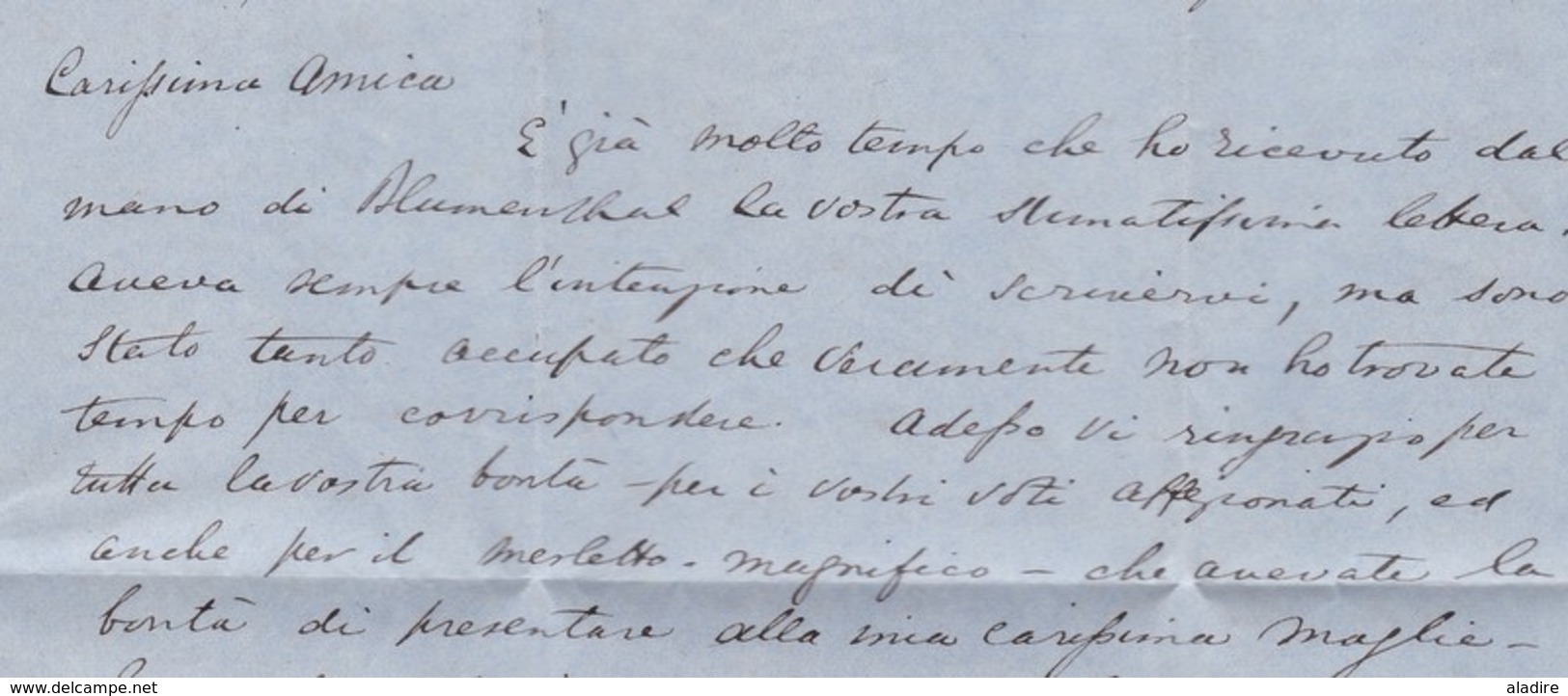 1853 - QV - lettre pliée avec corresp amicale de 3 pages en italien de Londres vers Rome, Italie - via Calais,  France