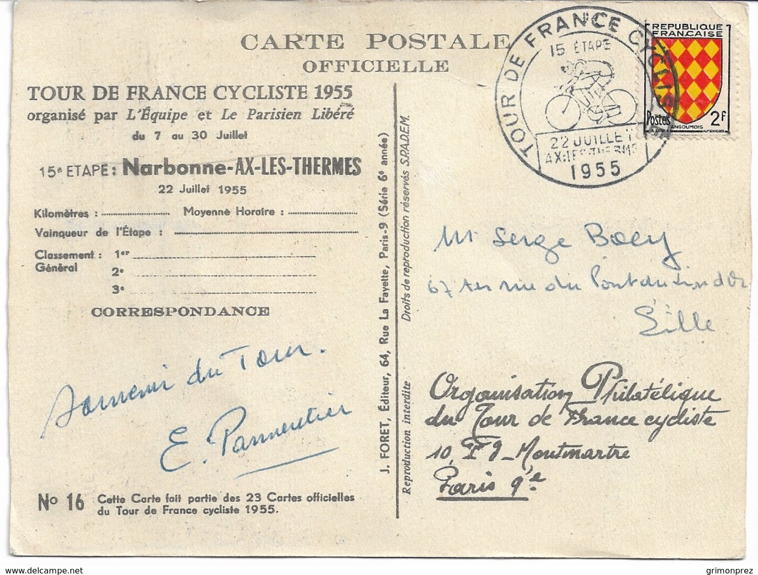 CP Carte  Officielle Du Tour De France 1955 N°16 -15 ème Etape NARBONNE-AX-LES-THERMES  Illustration VAN DONGEN - Cycling