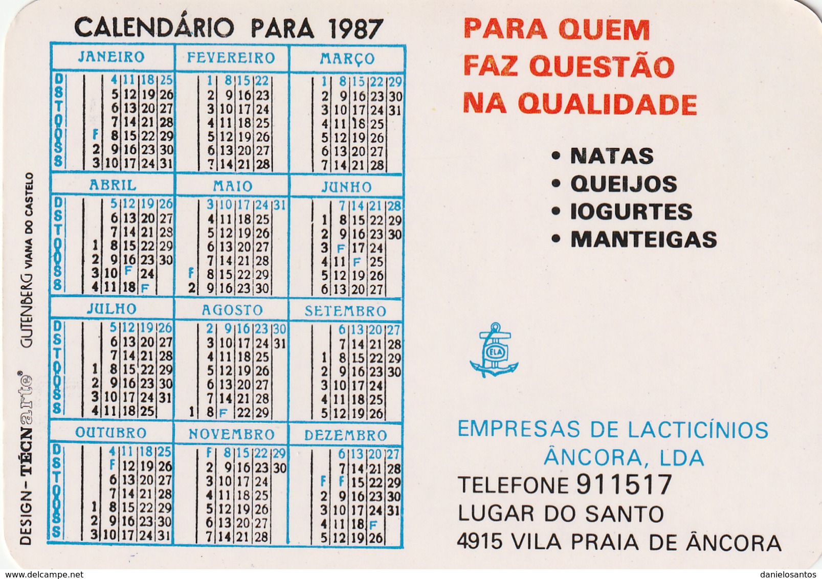 1987 Pocket Calendar Calandrier Calendario Portugal Queijo Cheese Fromage Queso - Kleinformat : 1981-90