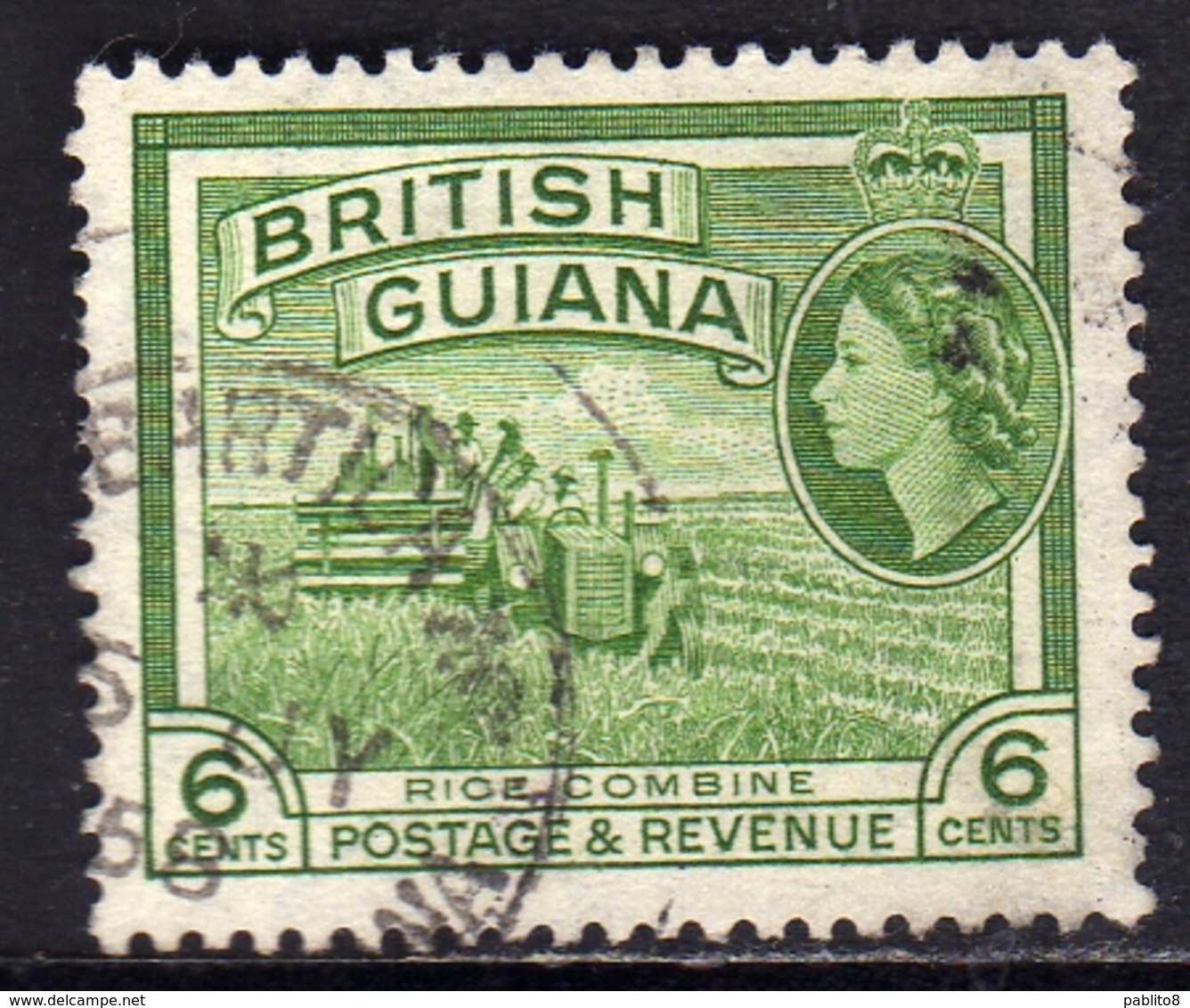 BRITISH GUIANA 1954 PICTORIAL QUEEN ELIZABETH II RICE COMBINE HARVESTER RISO MIETITREBBIA 6p USED USATO OBLITERE' - Guyana Britannica (...-1966)